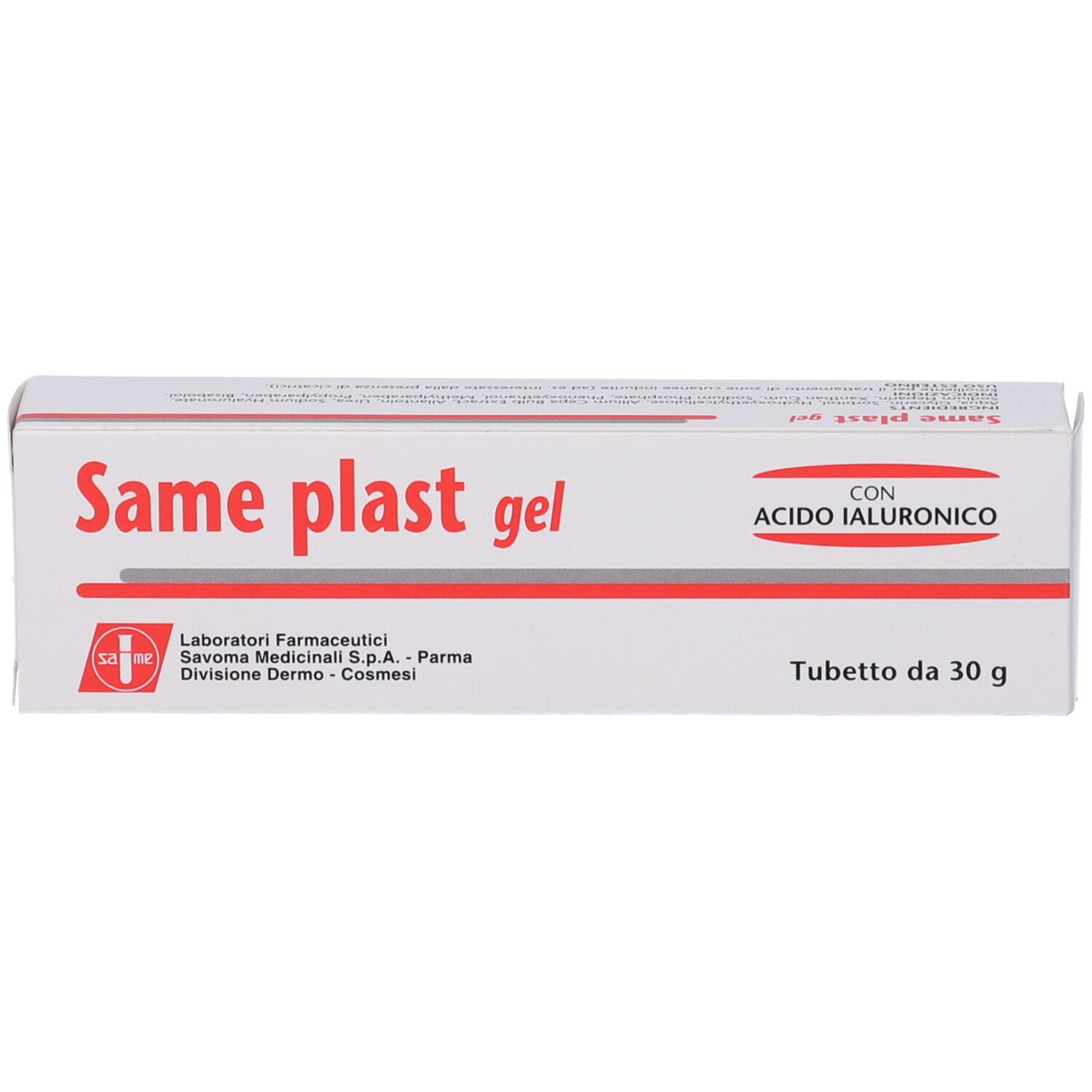 Boîte de gel Same plast. Boîte blanche avec lettrage rouge. Texte: Same plast gel, Acido Ialuronico.