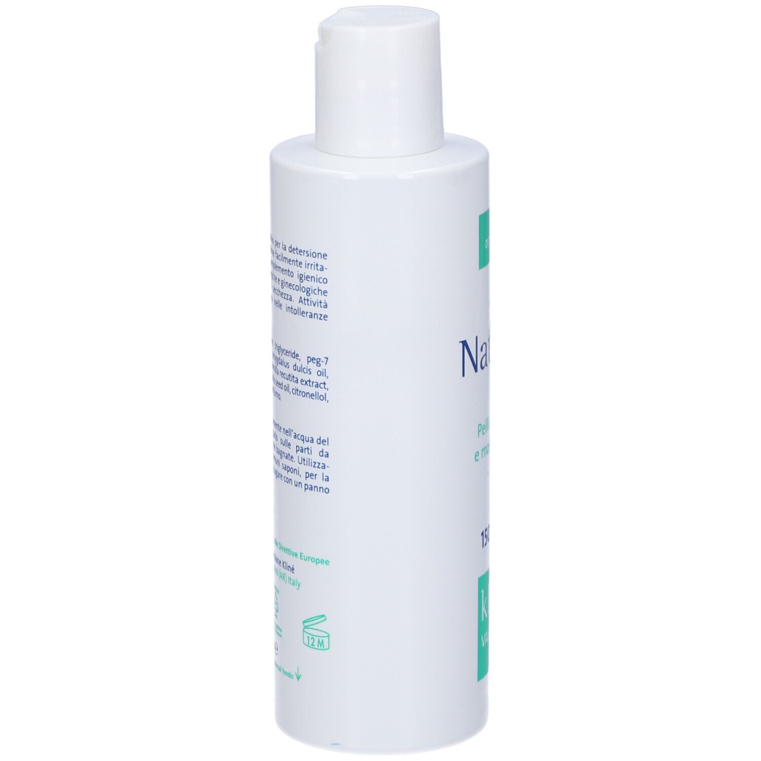 Weiße Flasche, Seitenansicht. Aufschrift: Nativioil, 150 ml. Text in italienischer Sprache. Marke: Kline Valderma. Mit grünen Elementen.