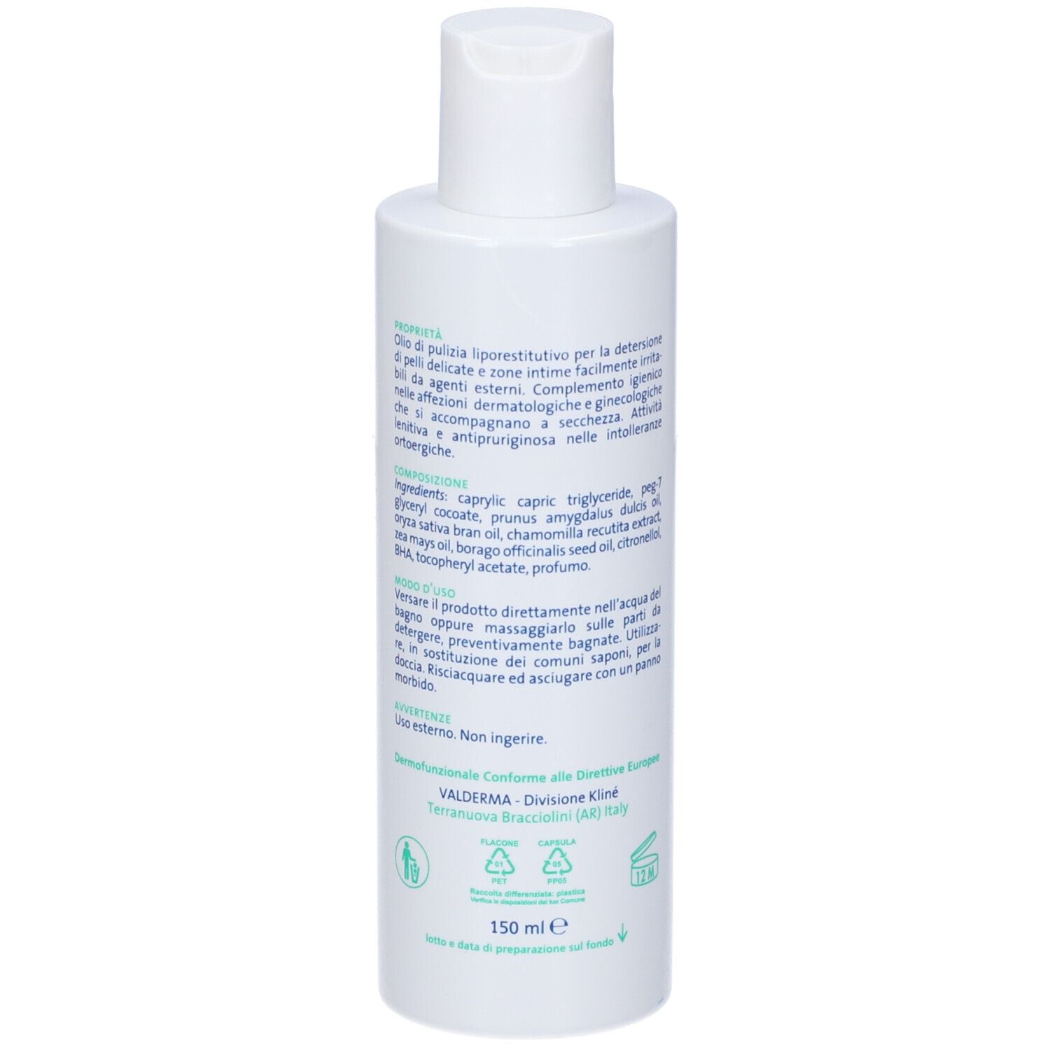 Weiße Flasche, Rückansicht. Text in italienischer Sprache. Marke: Kline Valderma. Mit grünen Elementen und Informationen.