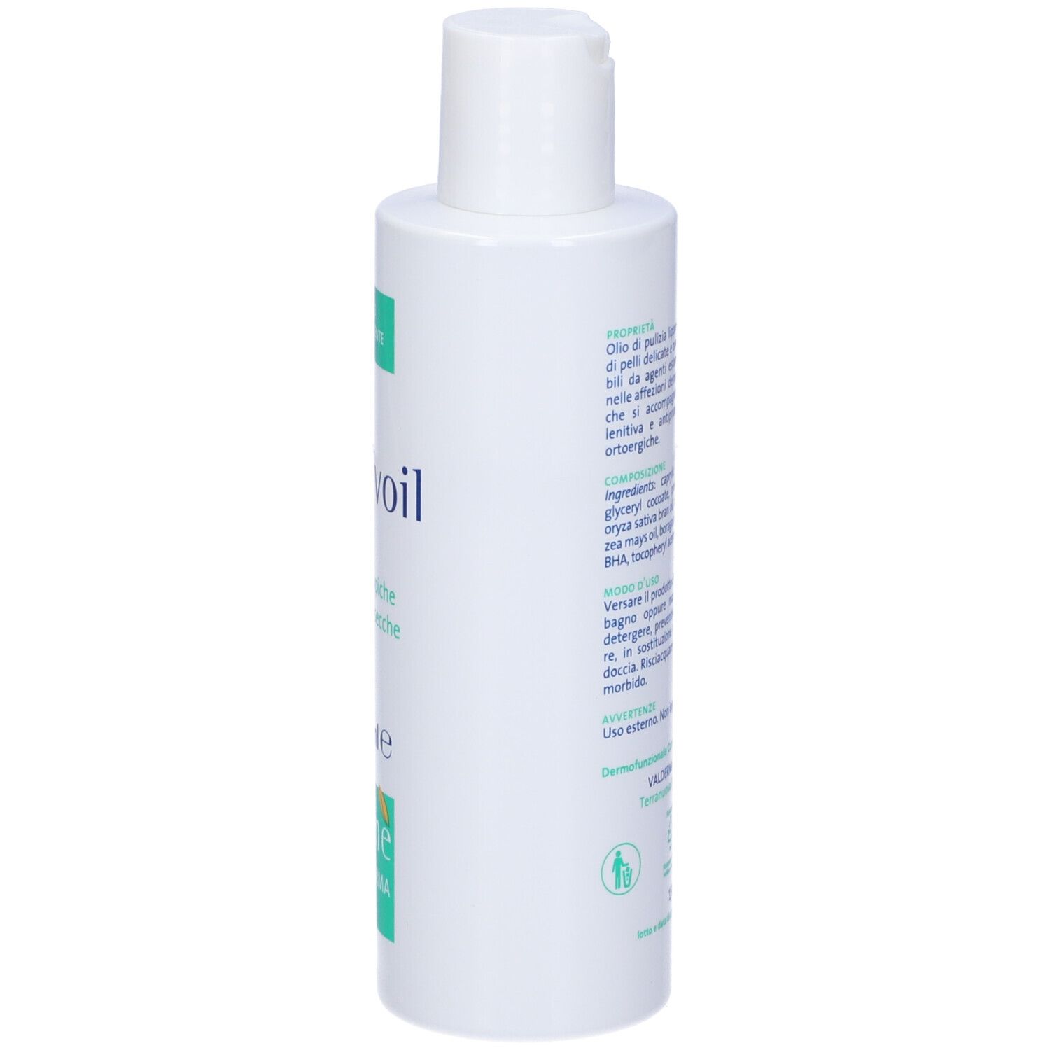Weiße Flasche, Seitenansicht. Aufschrift: Nativioil, Pelli atopiche e molto secche. Marke: Kline Valderma. Mit grünen Elementen.