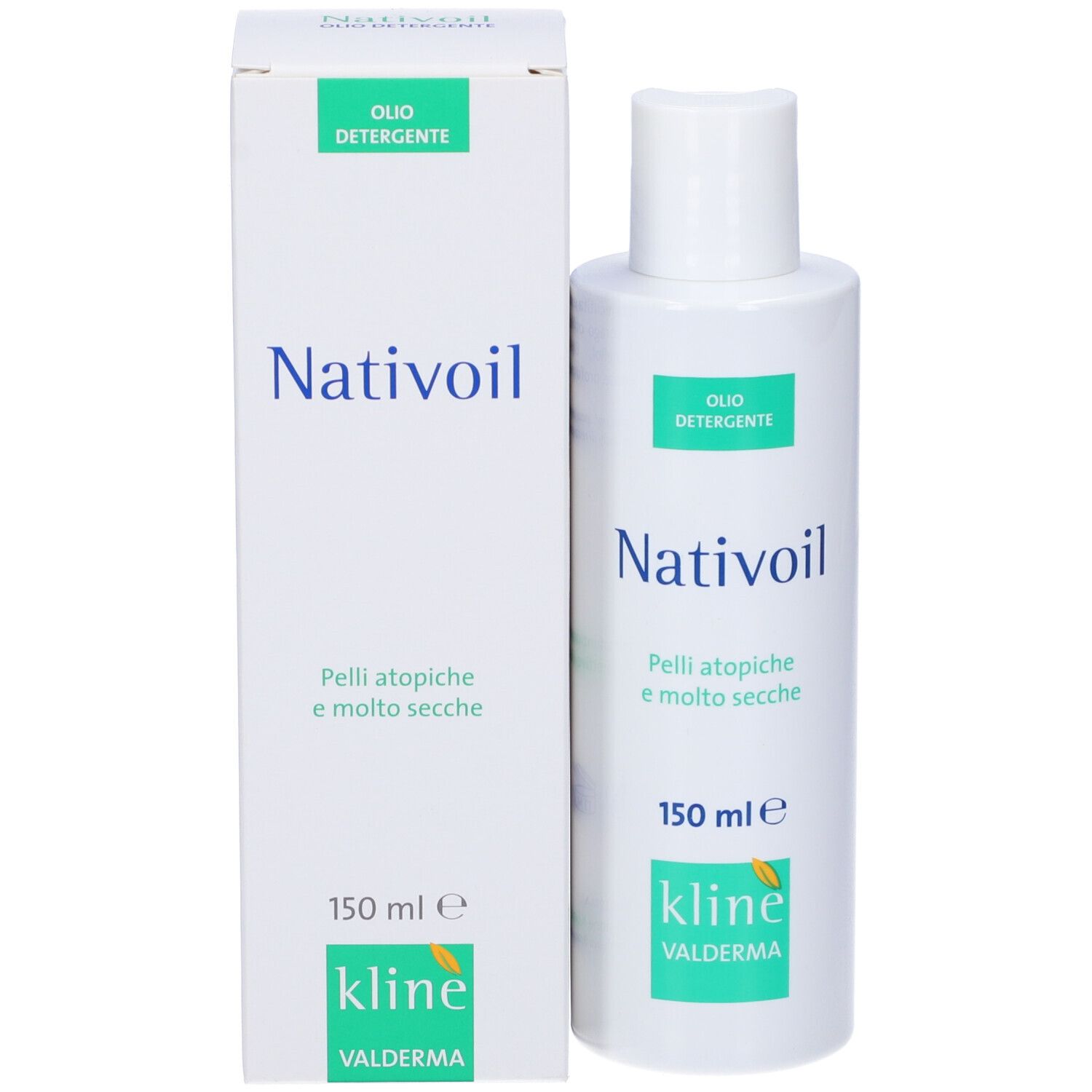 Produktverpackung mit Flasche. Aufschrift: Nativioil, Olio Detergente, Pelli atopiche e molto secche. Marke: Kline Valderma. 150 ml.