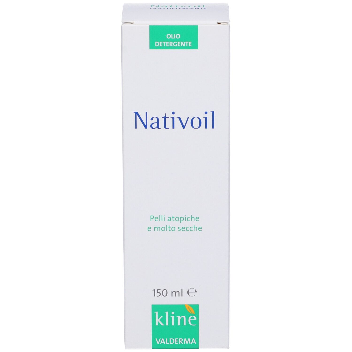 Produktverpackung. Aufschrift: Nativioil, Olio Detergente, Pelli atopiche e molto secche. Marke: Kline Valderma. 150 ml.