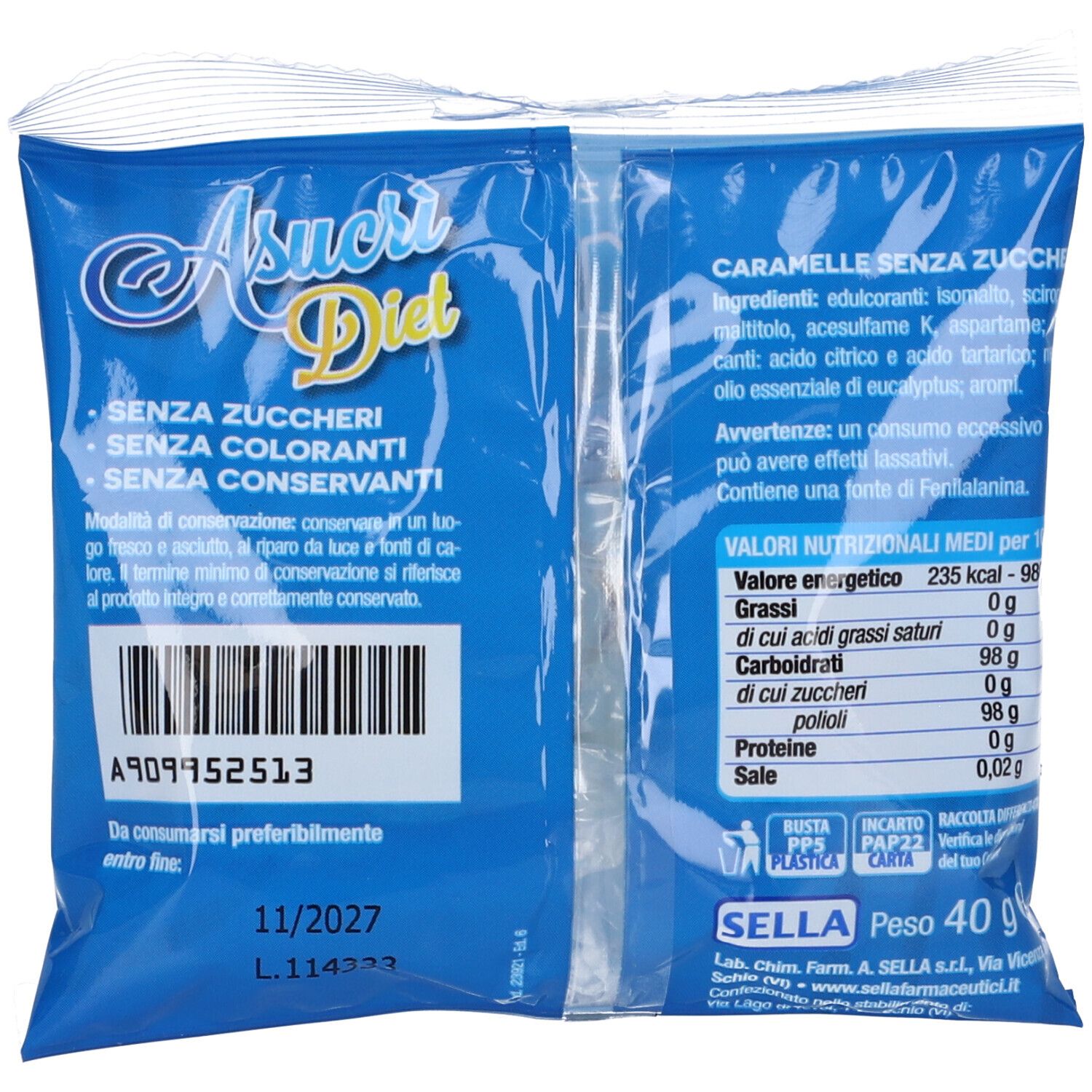 SELLA Caramelle Asucri Diet Goût Menthe-Eucalyptus