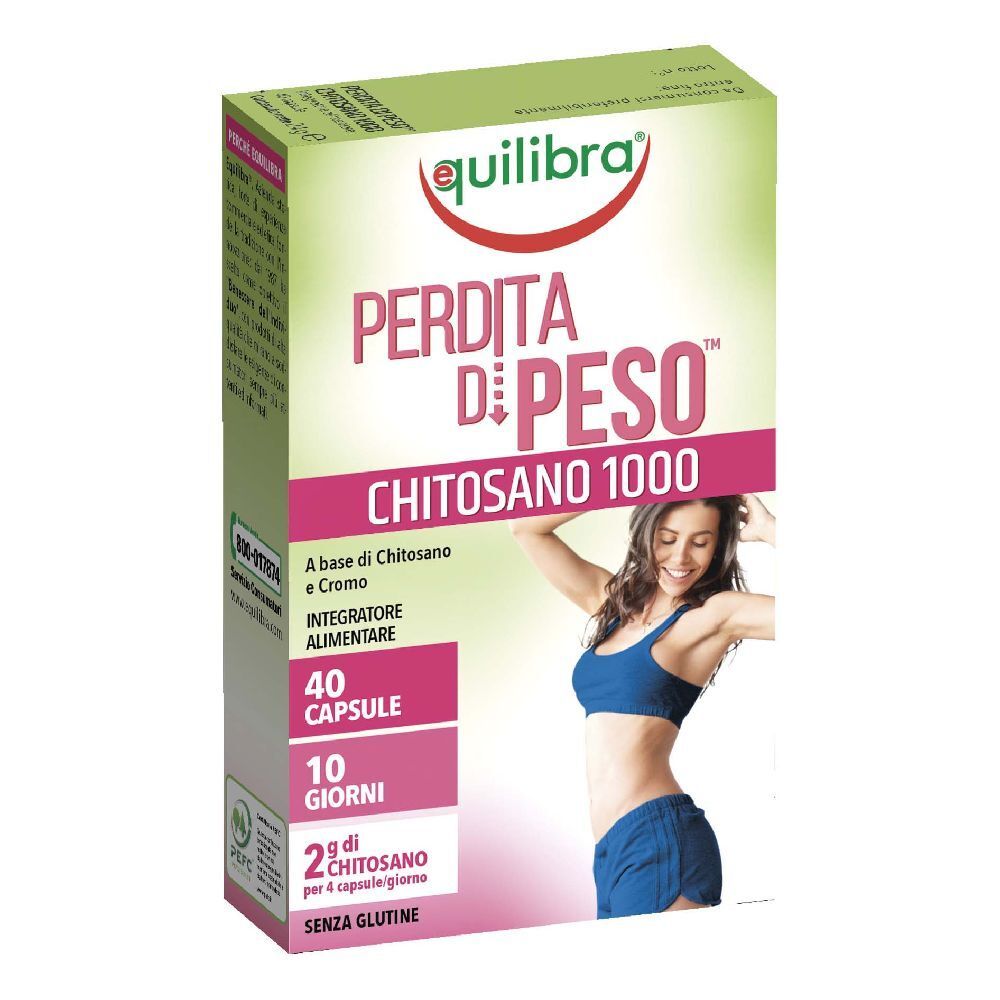 Verpackung von Equilibra® Chitosan 1000. Enthält 40 Kapseln. Aufdruck: Perdita di Peso (Gewichtsverlust).