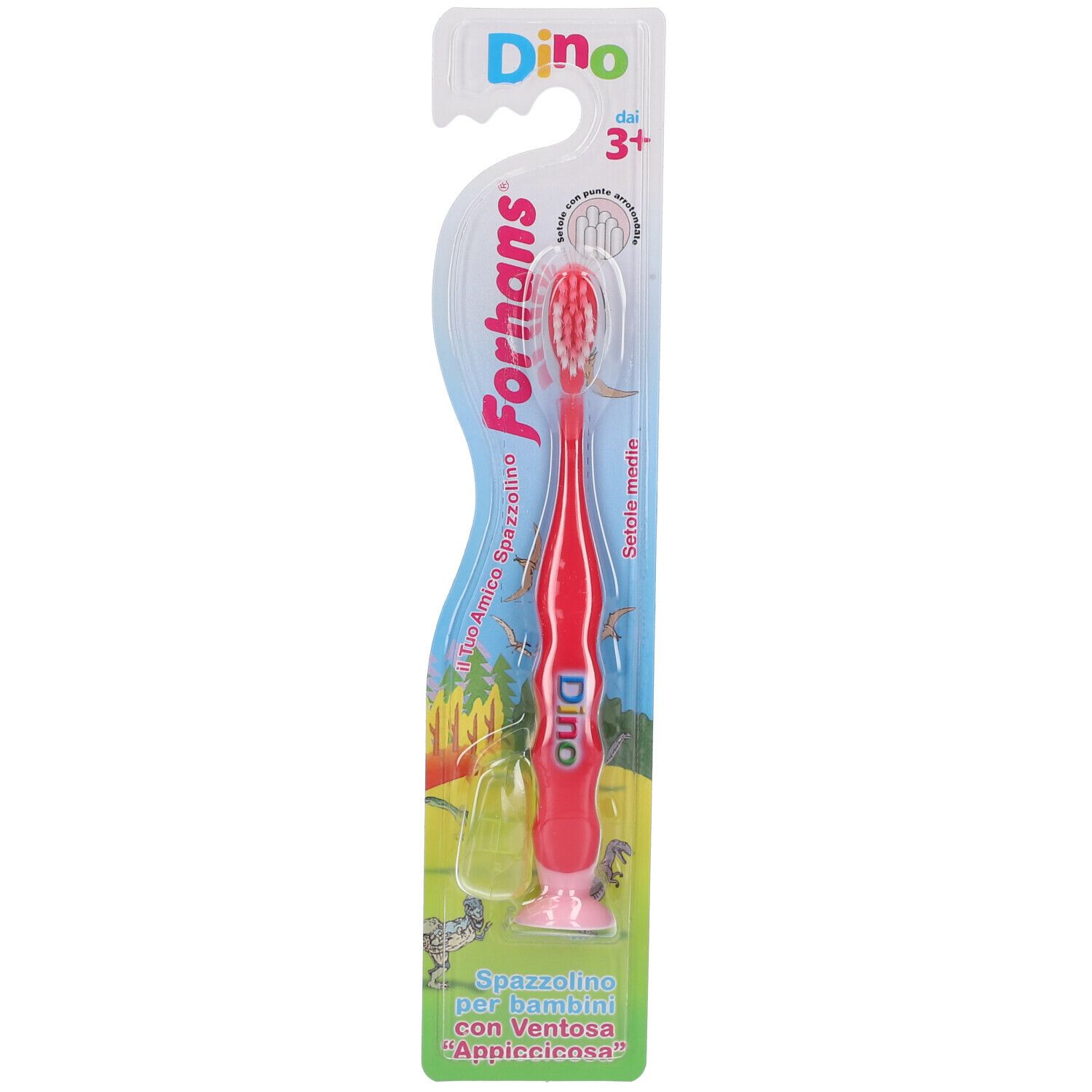 Brosse à dents rouge emballée. Logo Dino et Forhans. Pour enfants à partir de 3 ans. Avec ventouse.