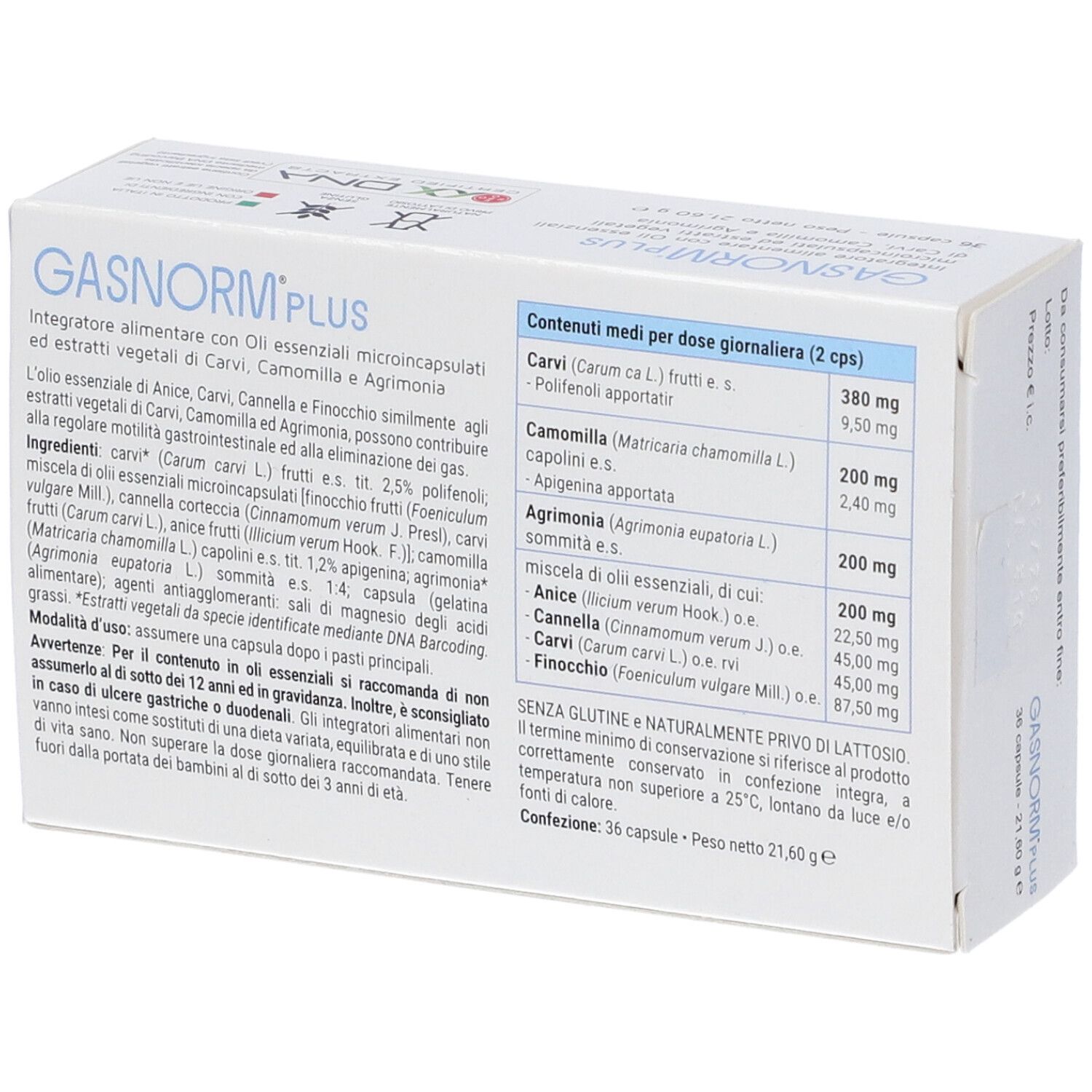 Dos de la boîte Gasnorm Plus. Texte en italien. Ingrédients et informations nutritionnelles. 36 gélules.