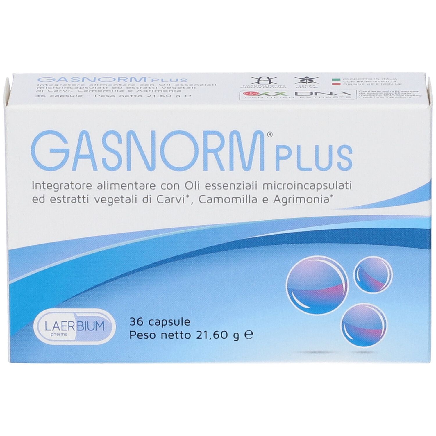 Boîte de Gasnorm Plus. Vagues bleues et trois cercles. Contient 36 gélules. Texte en italien.