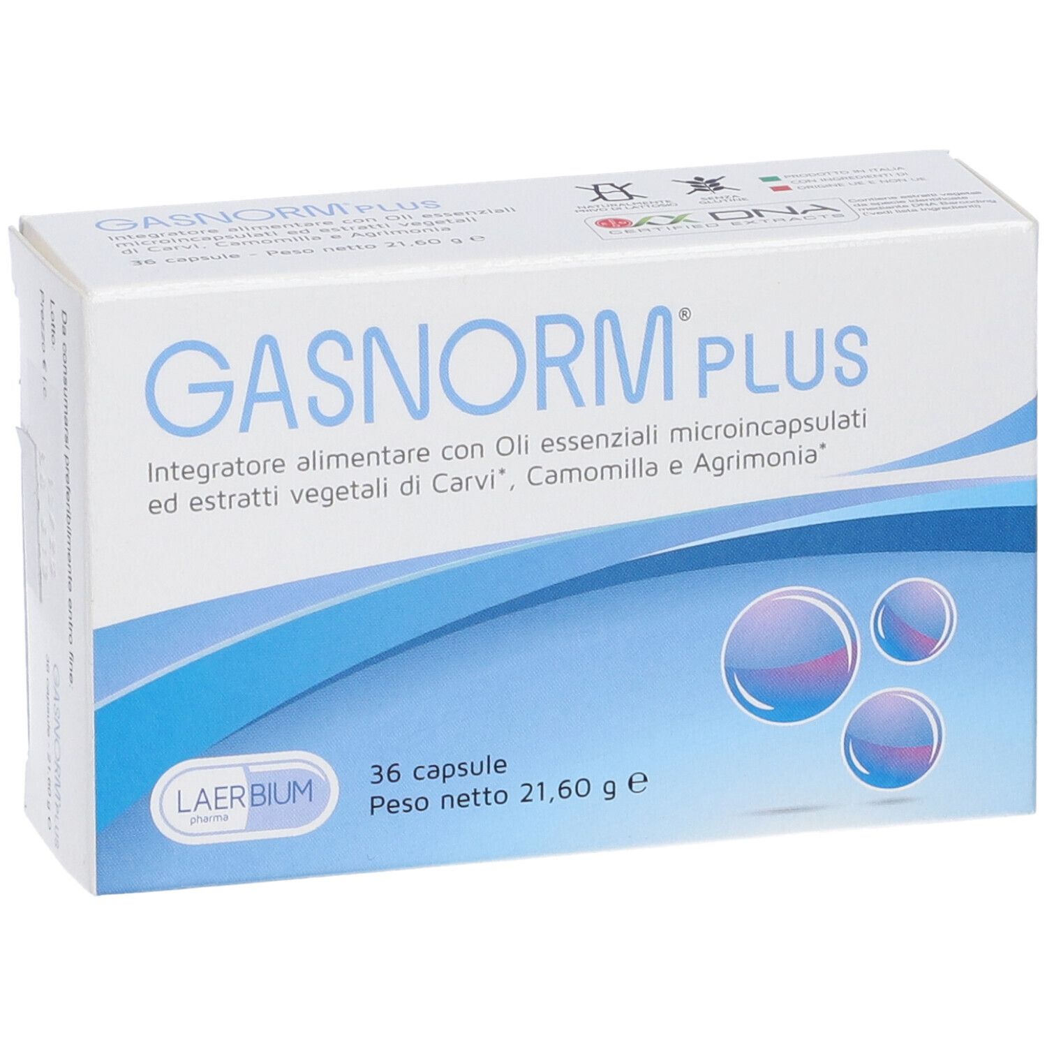 Boîte de Gasnorm Plus. Vagues bleues et trois cercles. Contient 36 gélules. Texte en italien.