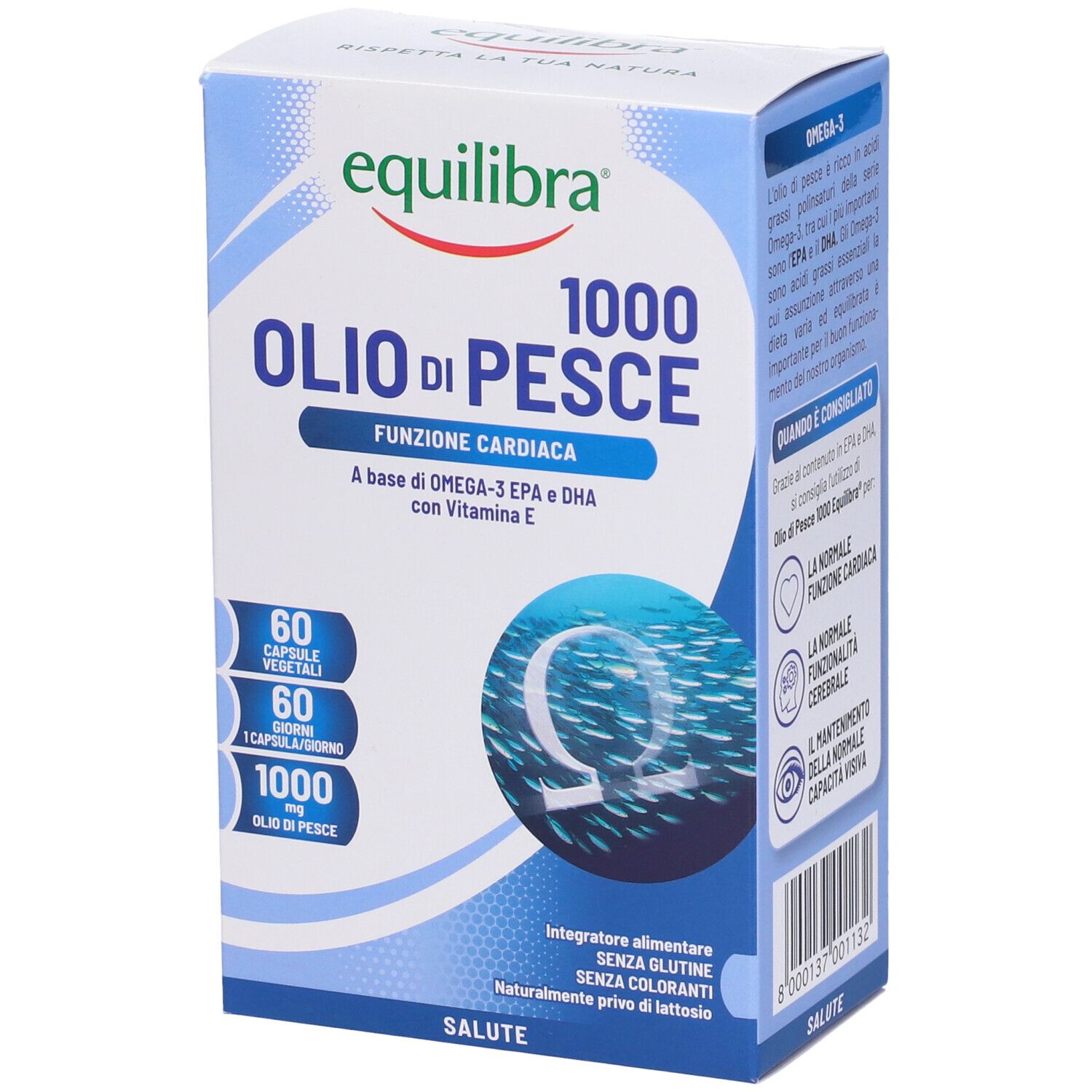 Verpackung von Equilibra® Fischöl 1000. Blaue Schachtel mit Produktnamen und Fisch-Illustration.