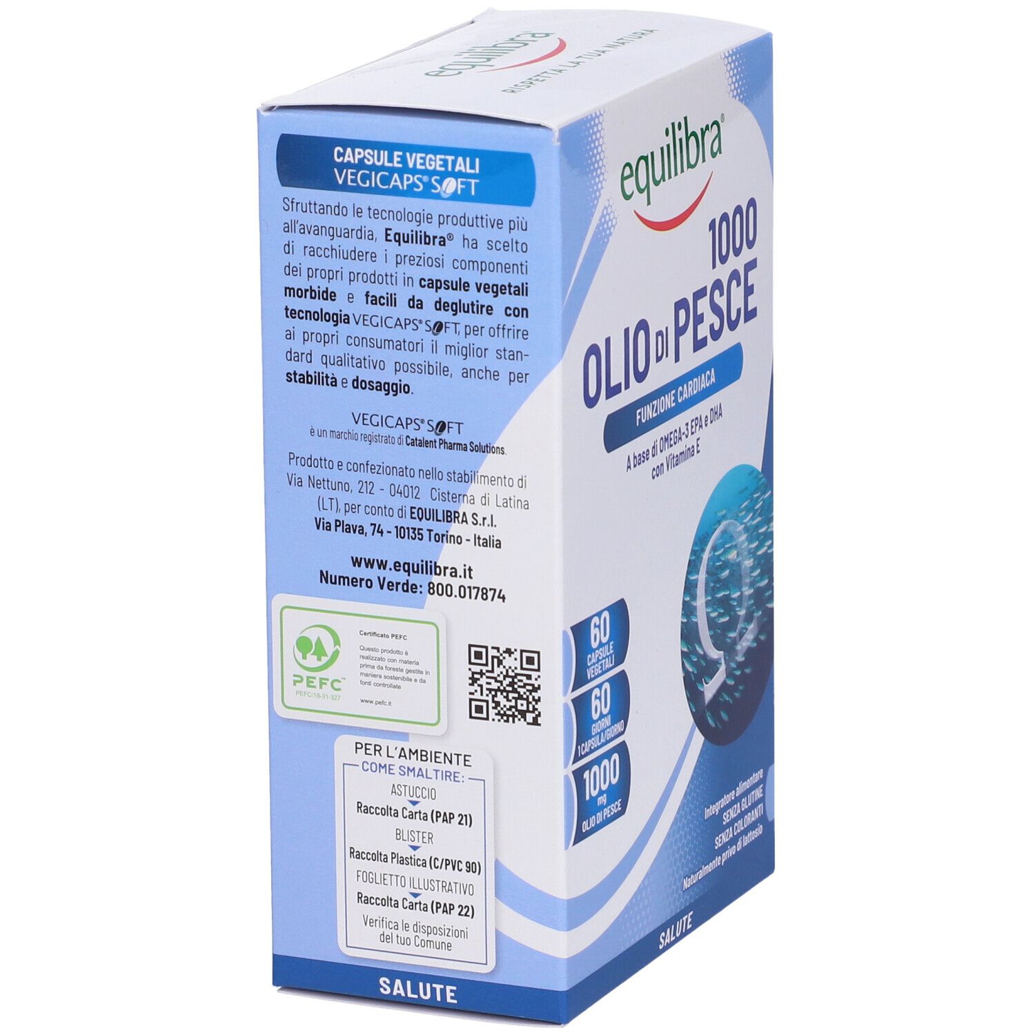 Seite der Verpackung von Equilibra® Fischöl 1000. Informationen zu den Kapseln und Recycling.