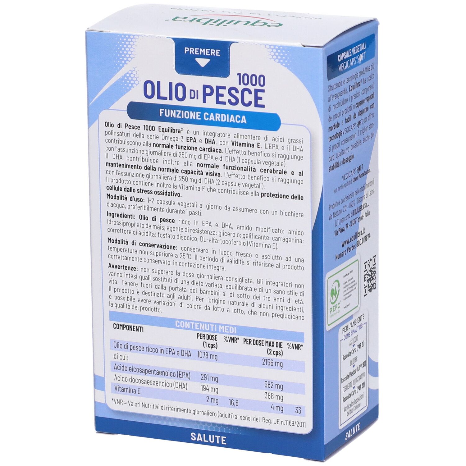 Rückseite der Verpackung von Equilibra® Fischöl 1000. Textinformationen und Inhaltsstoffe.