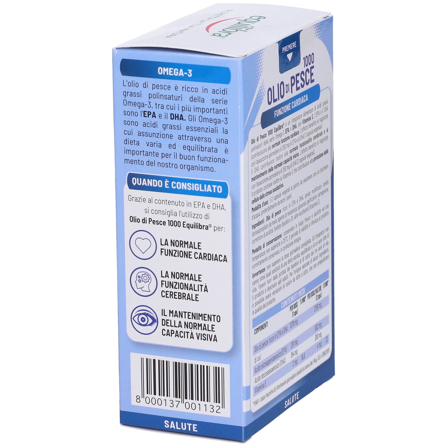 Seite der Verpackung von Equilibra® Fischöl 1000. Informationen zu Omega-3 und Anwendungsgebiete.