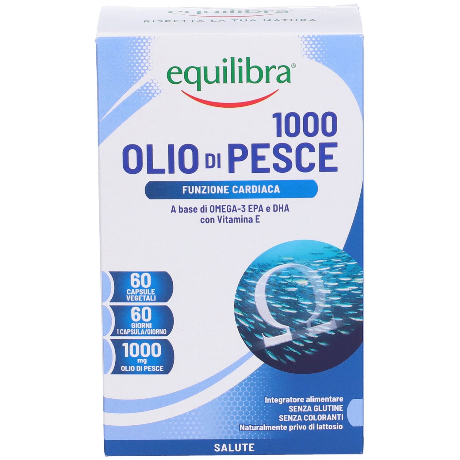 Verpackung von Equilibra® Fischöl 1000. Blaue Schachtel mit Produktnamen und Fisch-Illustration.