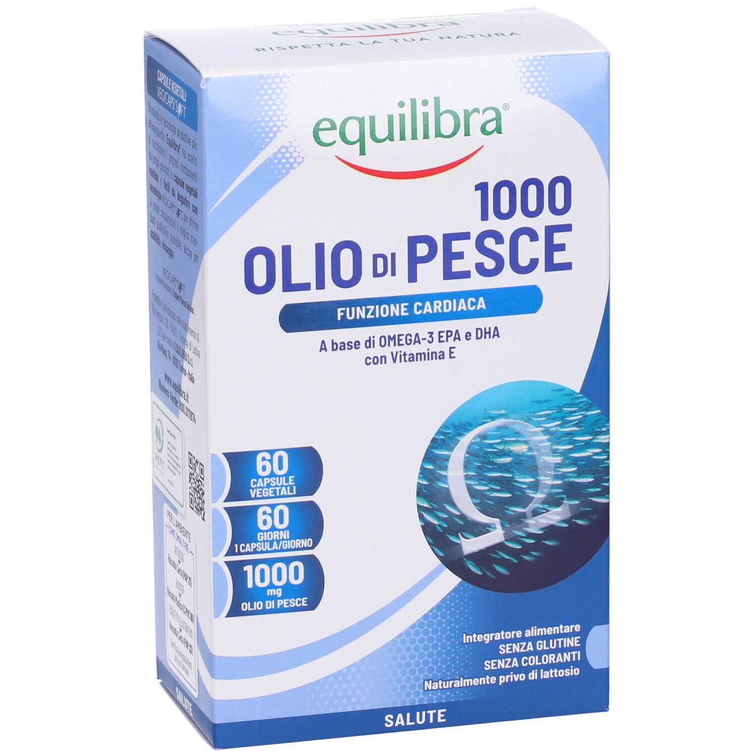 Verpackung von Equilibra® Fischöl 1000. Blaue Schachtel mit Produktnamen und Fisch-Illustration.