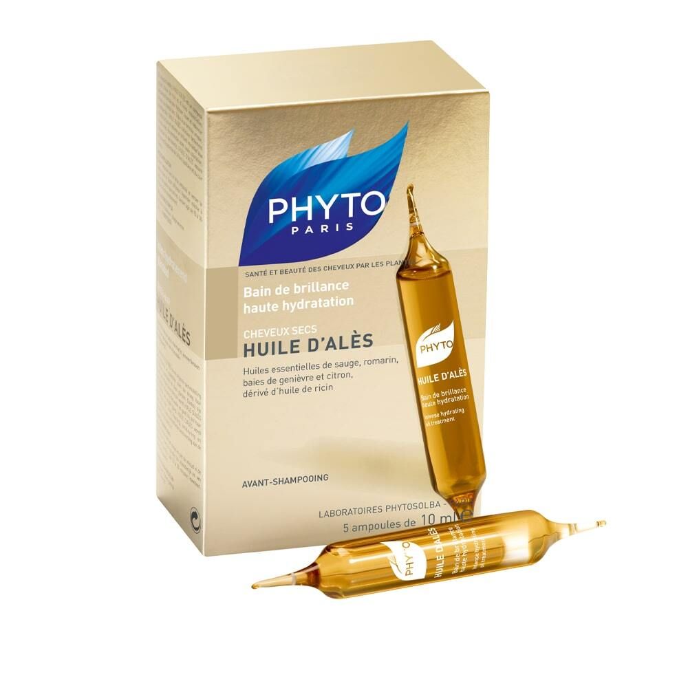 Schachtel mit Ampullen. Aufschrift: PHYTO PARIS, HUILE D'ALÈS. Enthält 5 Ampullen à 10 ml.