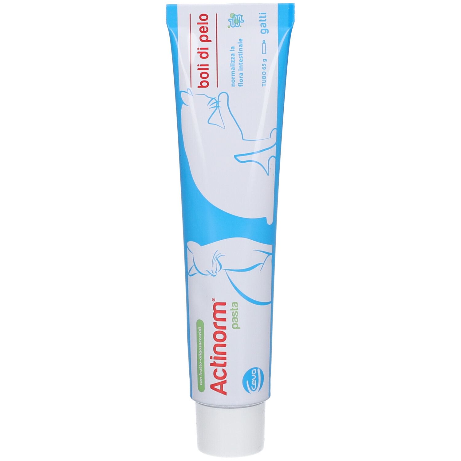 Tube avec nom et logo du produit. Couleurs bleu et blanc. Texte : Actinorm pasta Gatti.