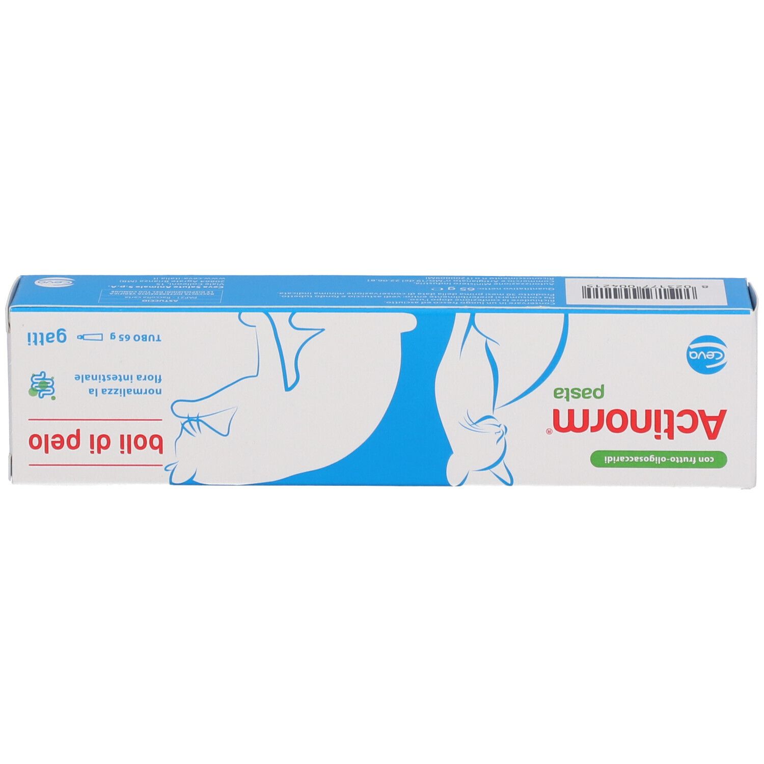 Emballage du produit. Couleurs bleu et blanc. Texte : Actinorm pasta, boli di pelo, Gatti.