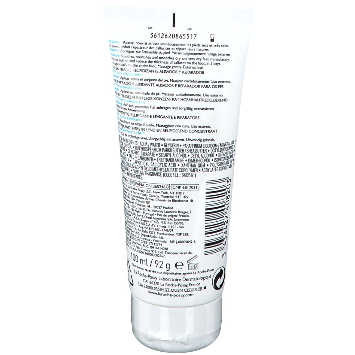 Dos du tube. Blanc avec texte. Contient informations produit, ingrédients et coordonnées fabricant.