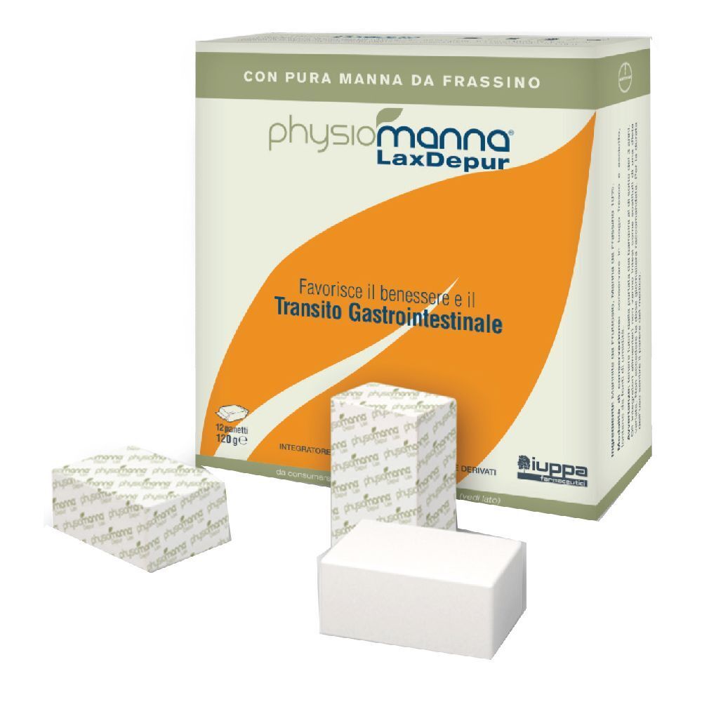 Boîte de produit et comprimés individuels. Inscription : Physiomanna LaxDepur. Fond orange.