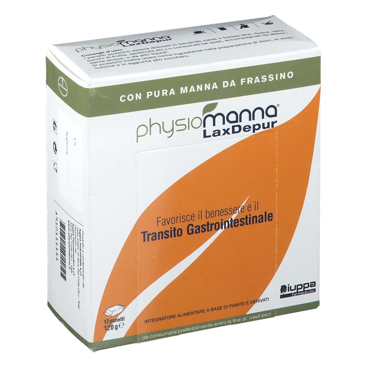 Emballage du produit. Inscription : Physiomanna LaxDepur. Boîte verte et blanche avec élément orange.