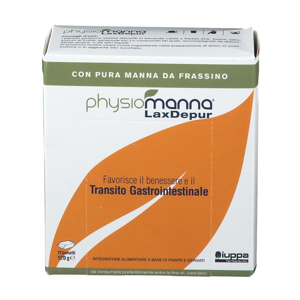 Emballage du produit. Inscription : Physiomanna LaxDepur. Boîte verte et blanche avec élément orange.