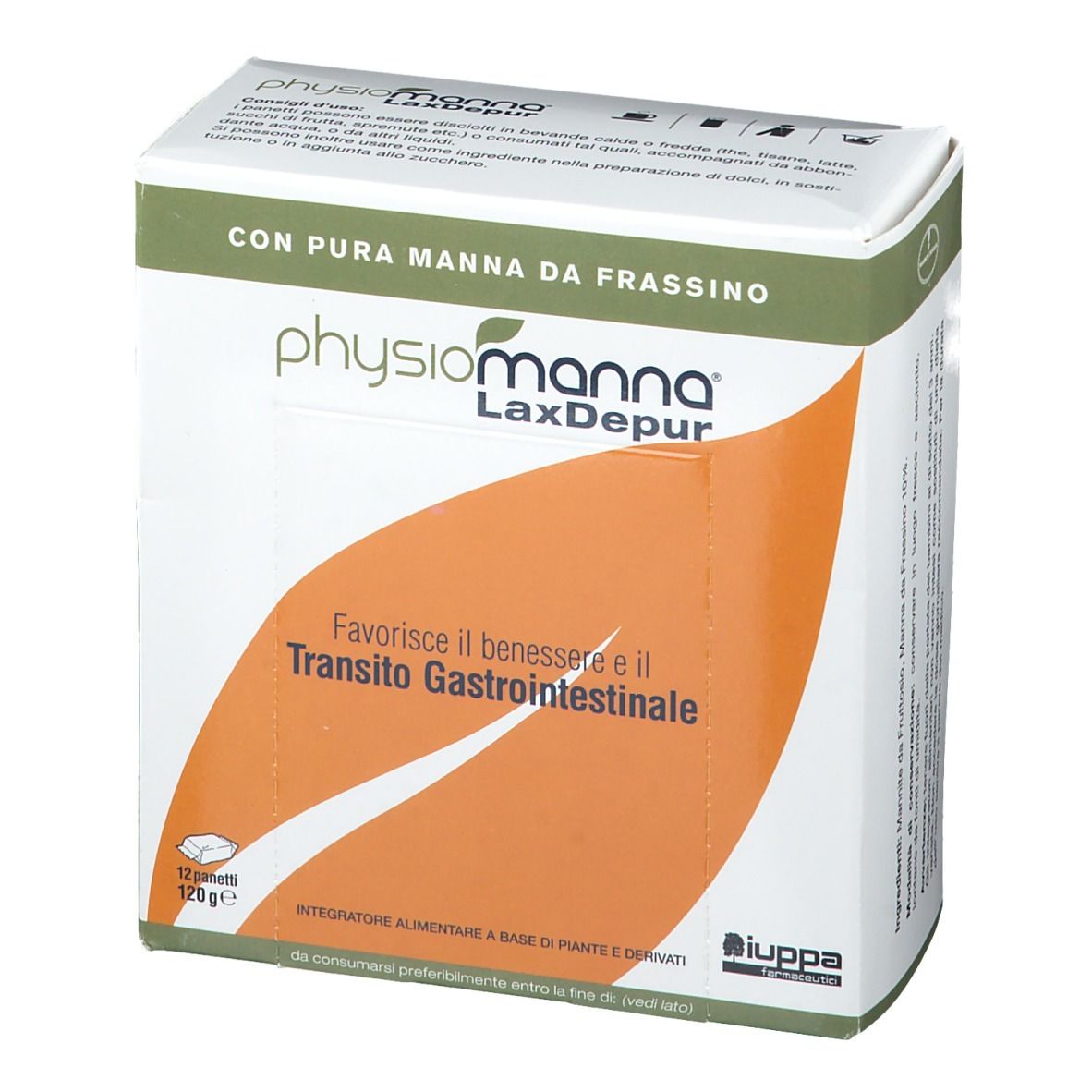 Emballage du produit. Inscription : Physiomanna LaxDepur. Boîte verte et blanche avec élément orange.