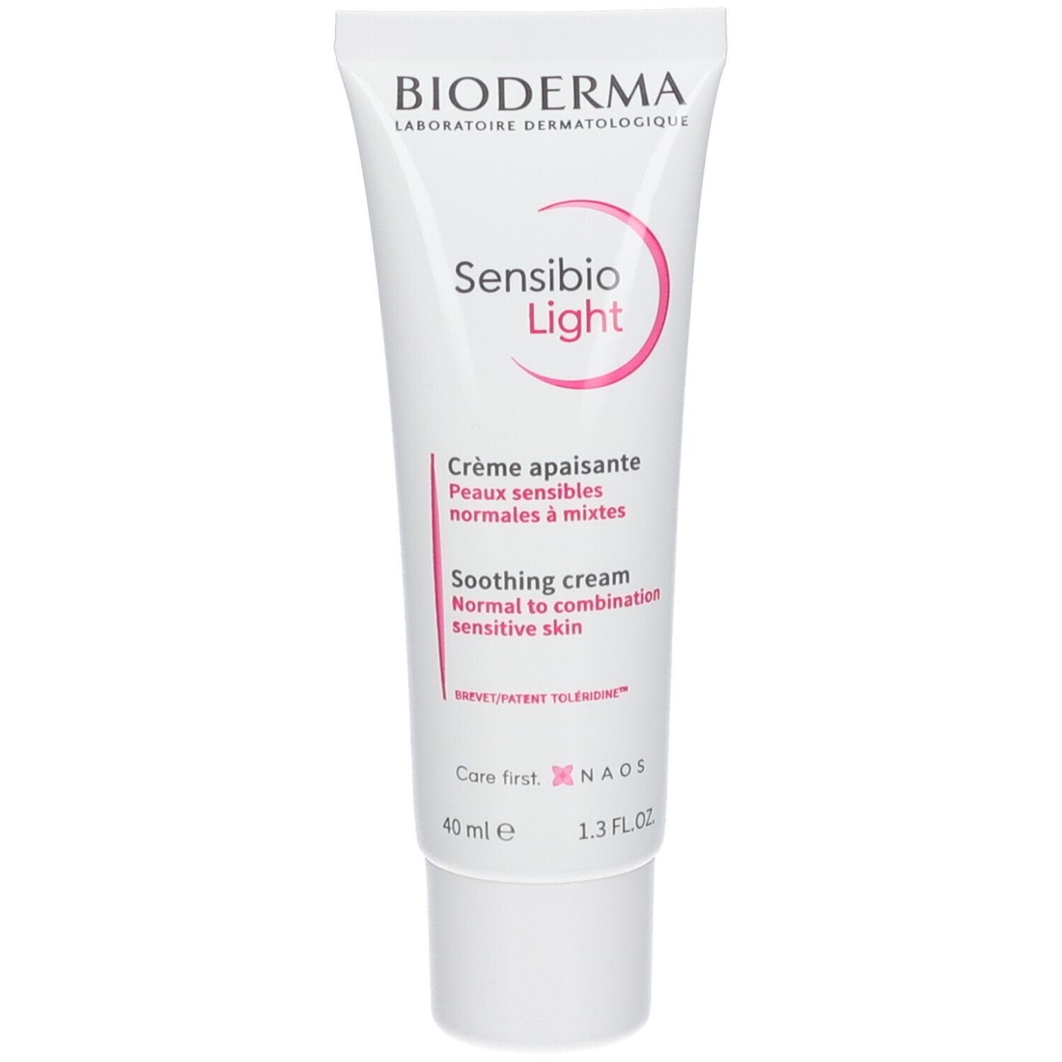 Weiße Tube mit BIODERMA Sensibio Light. Rosa Kreis mit Produktnamen. Text: Crème apaisante, Soothing cream. 40 ml, 1.3 FL.OZ.