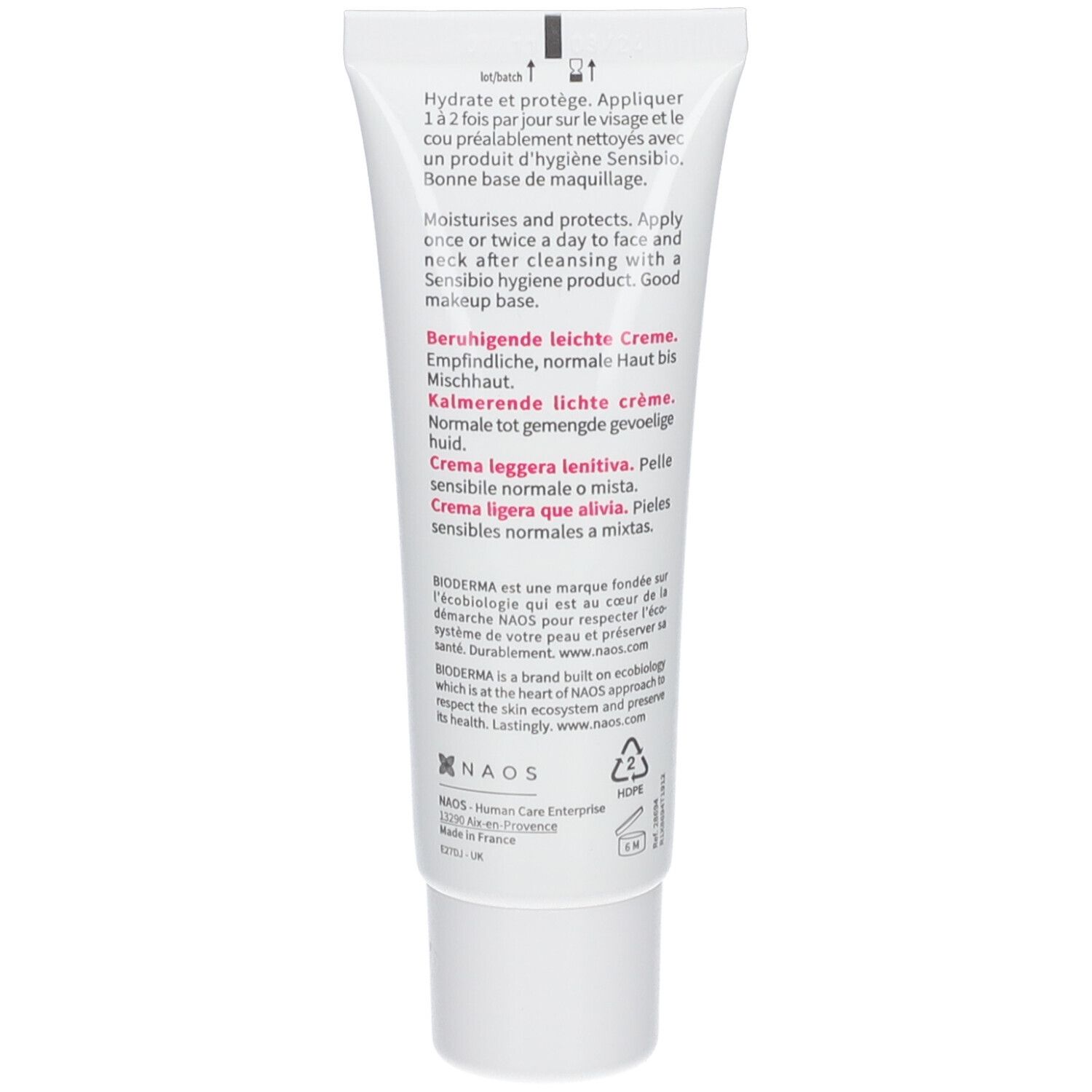 Rückseite der Tube BIODERMA Sensibio Light. Text in mehreren Sprachen. Informationen zur Anwendung und Inhaltsstoffen. NAOS-Logo.