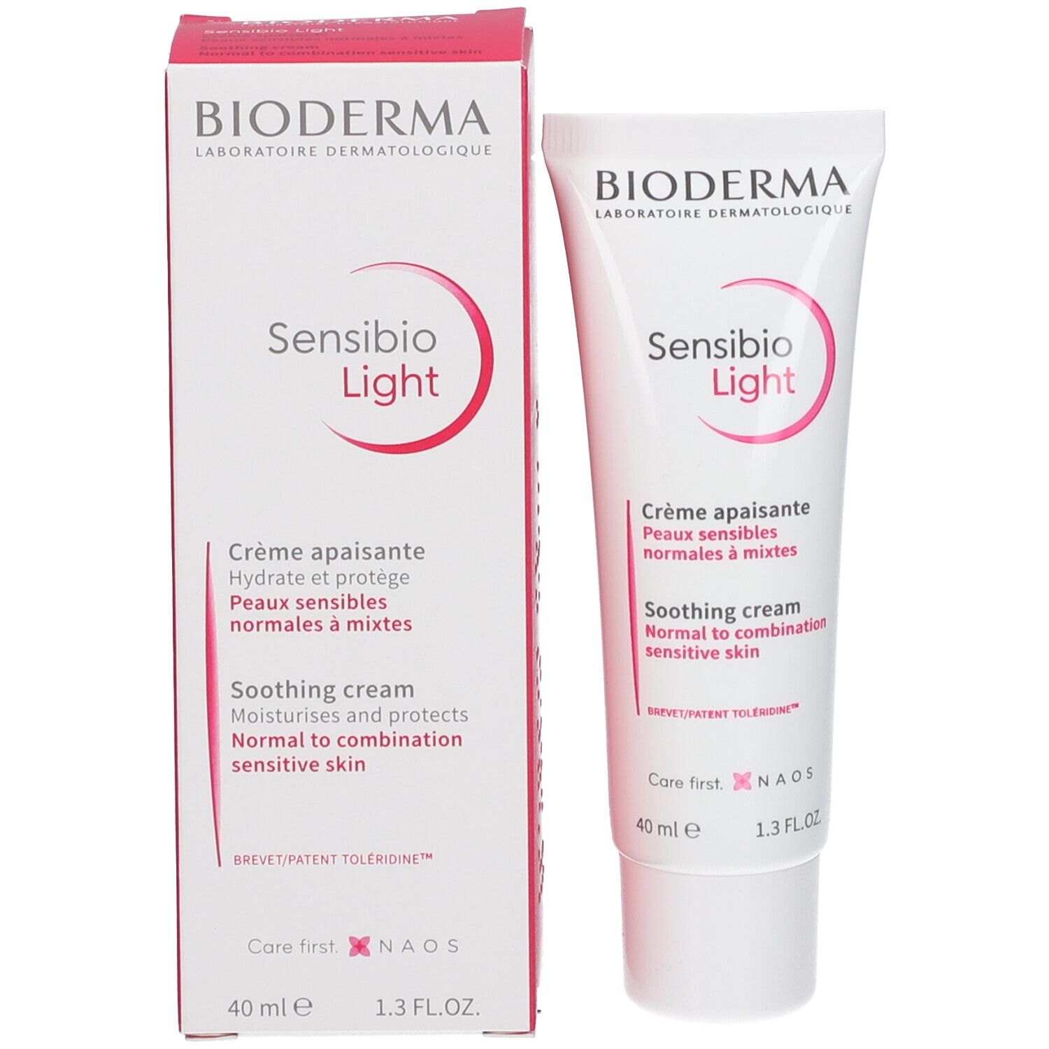 BIODERMA Sensibio Light Produktverpackung. Tube und Schachtel. Schachtel mit Produktnamen und Beschreibung. 40 ml, 1.3 FL.OZ.