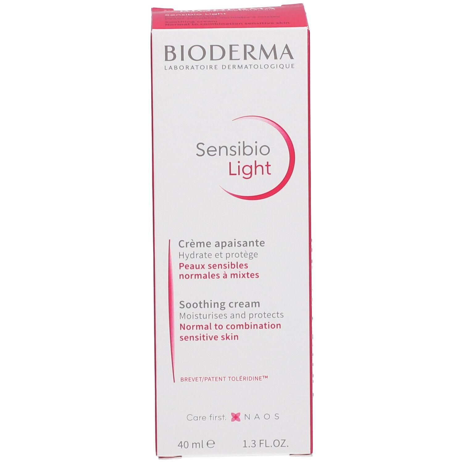 BIODERMA Sensibio Light Schachtel. Rosa Hintergrund. Produktname und Beschreibung. 40 ml, 1.3 FL.OZ. Text: Crème apaisante, Soothing cream.