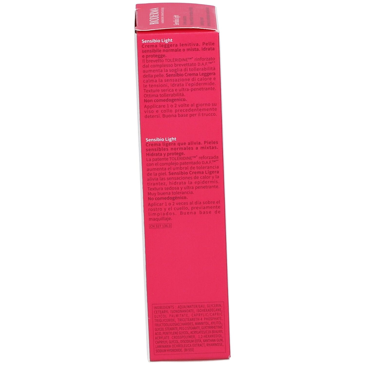 Seite der BIODERMA Sensibio Light Schachtel. Text in mehreren Sprachen. Informationen zum Produkt und zur Anwendung.