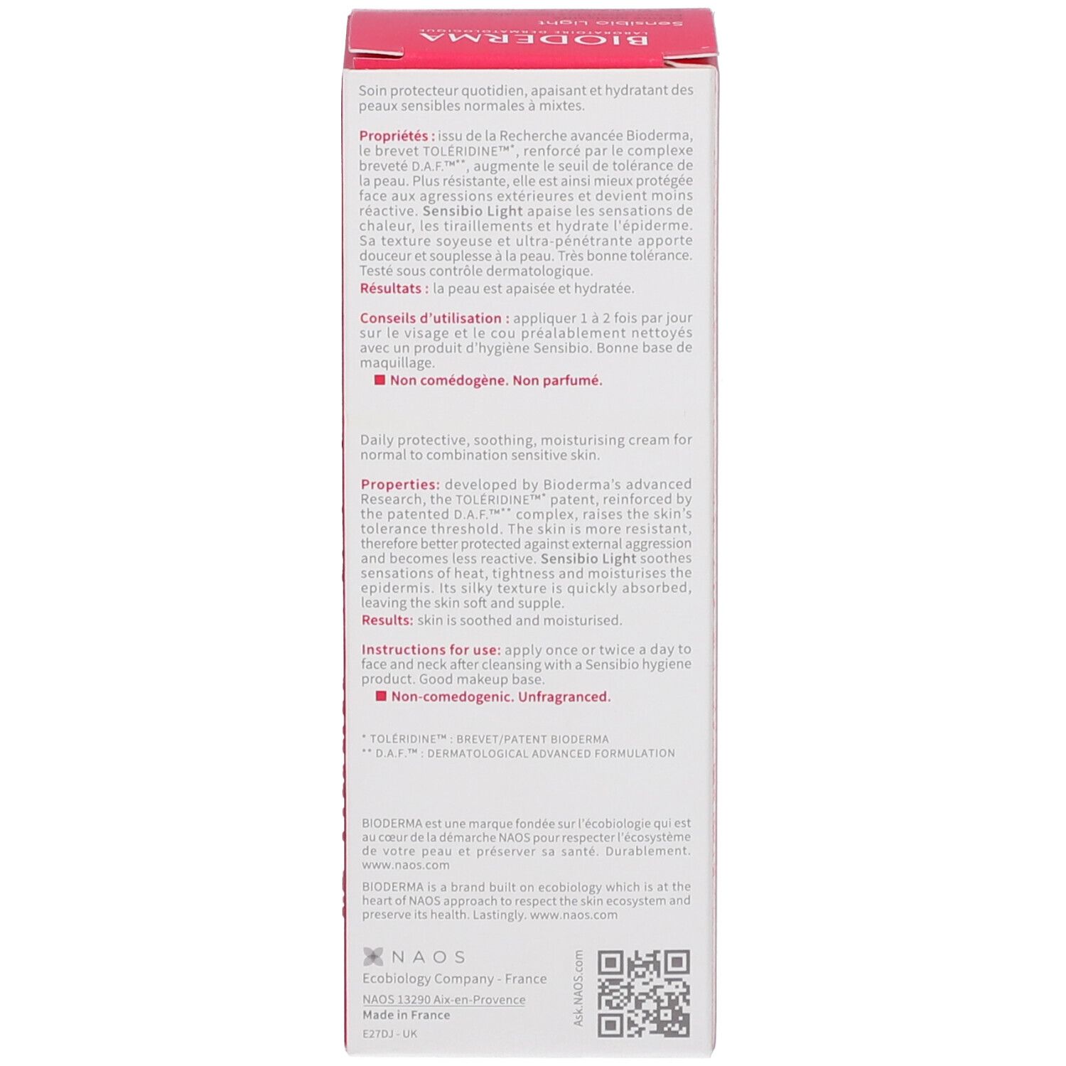 Rückseite der BIODERMA Sensibio Light Schachtel. Text in mehreren Sprachen. Produktbeschreibung, Anwendungshinweise und Inhaltsstoffe.