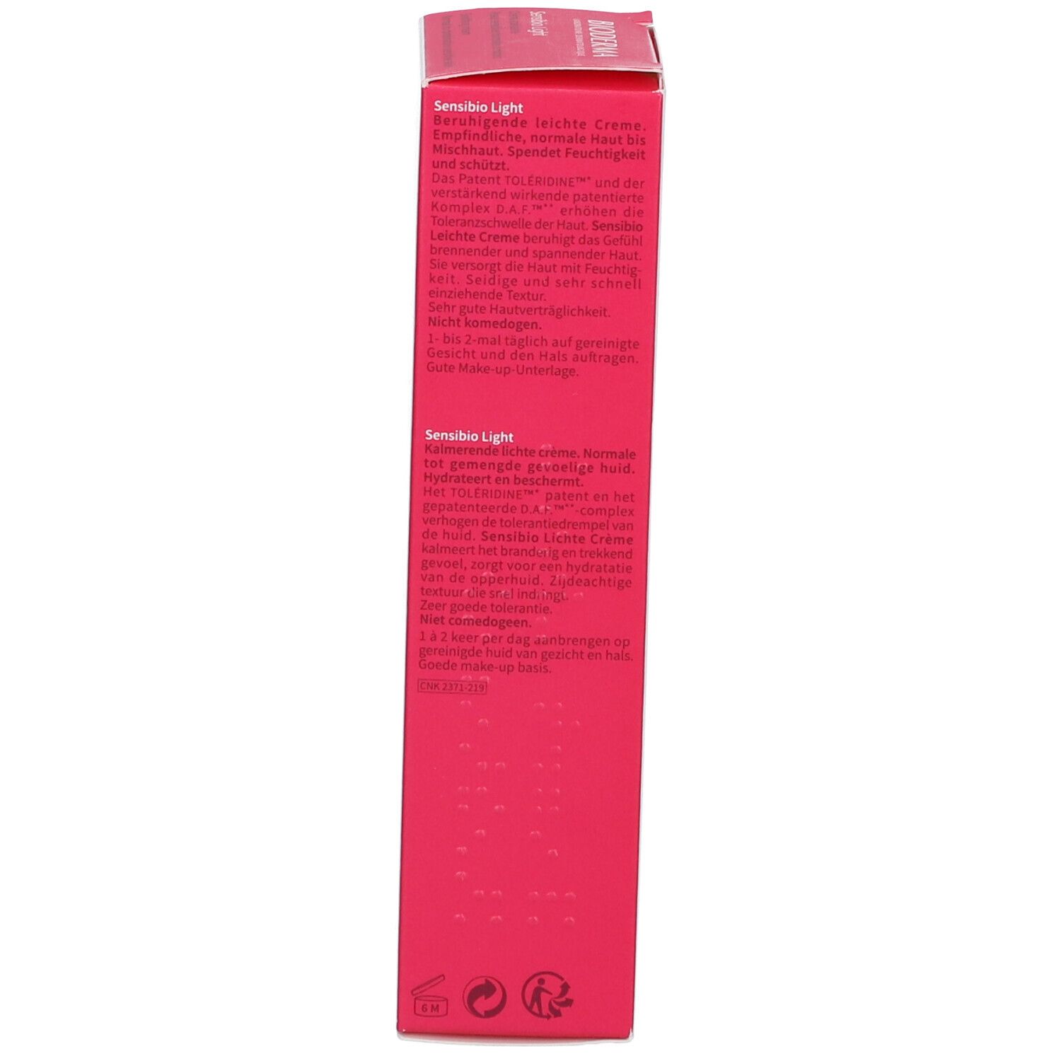 Seite der BIODERMA Sensibio Light Schachtel. Text in mehreren Sprachen. Produktbeschreibung und Anwendungshinweise.