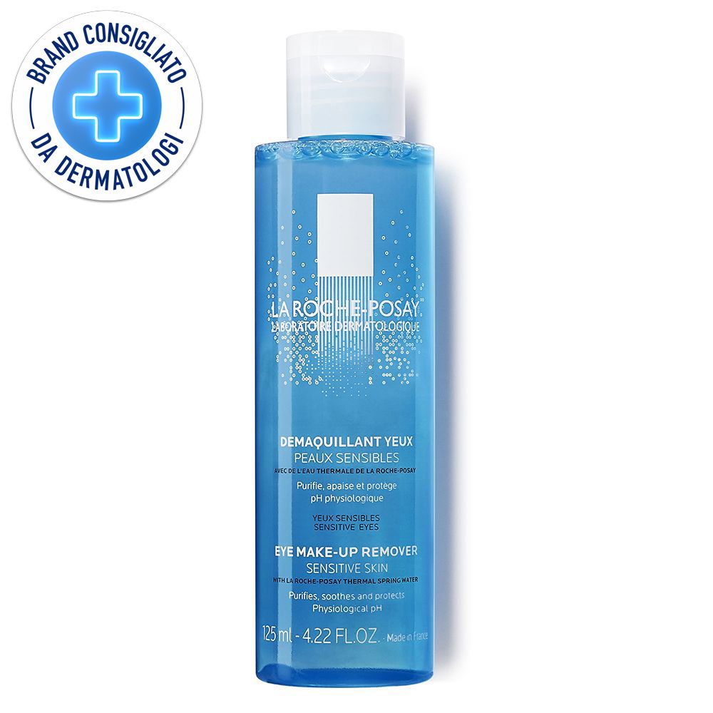 Blaue Flasche mit Augen-Make-up-Entferner. Aufschrift: La Roche-Posay, Demaquillant Yeux, Peaux Sensibles. Siegel: Brand Consigliato da Dermatologi.