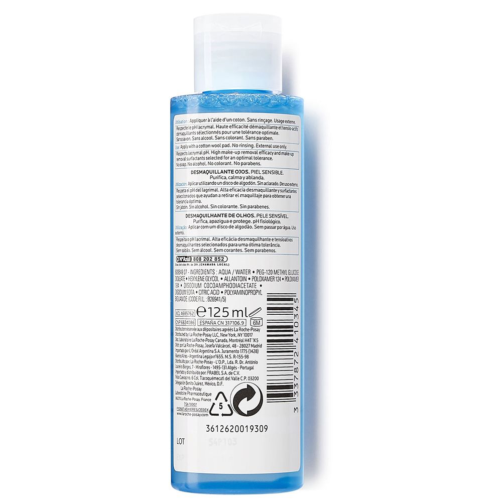 Rückseite einer blauen Flasche mit Augen-Make-up-Entferner. Text: La Roche-Posay, Inhaltsstoffe, Anwendungshinweise, Chargennummer, Barcode.