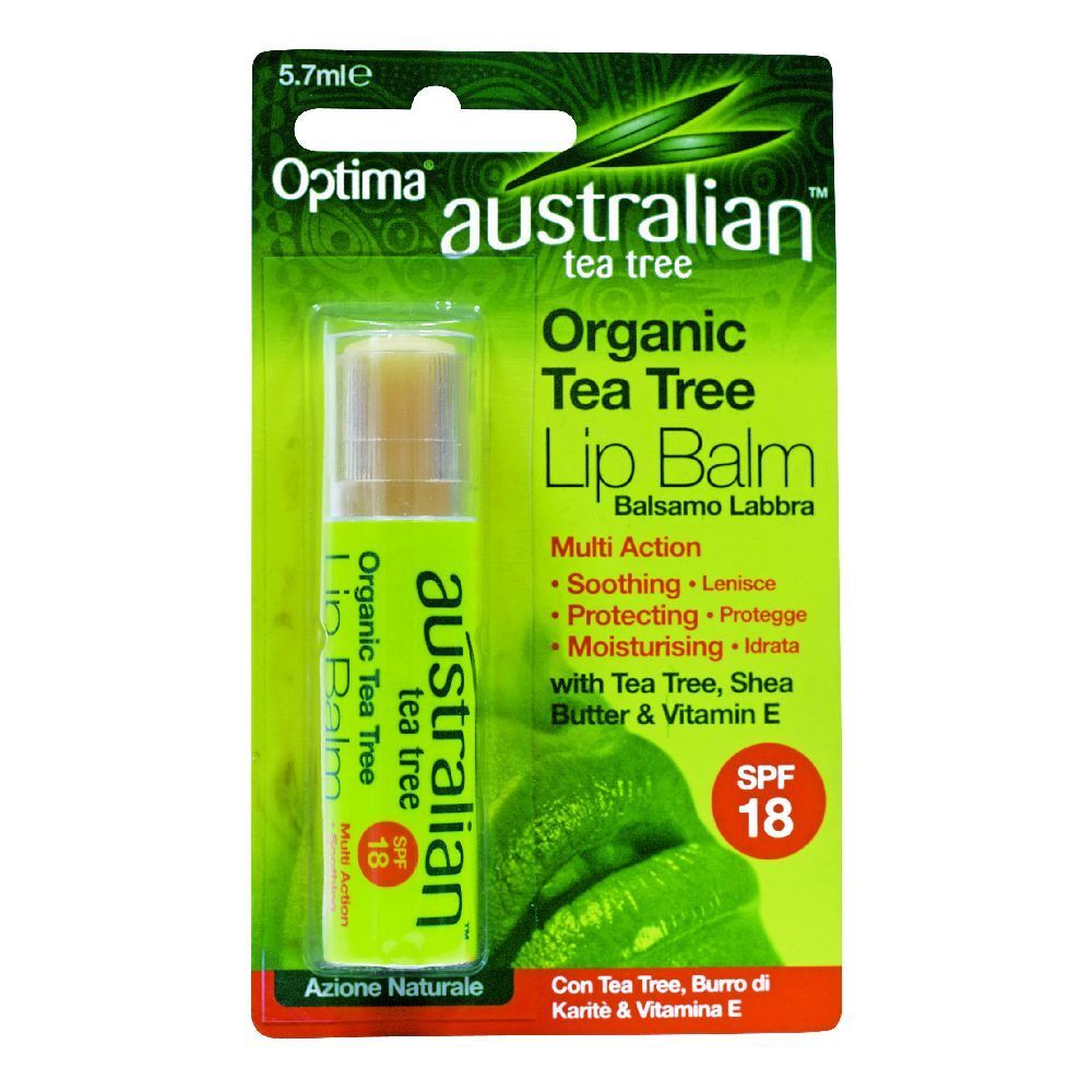 Optima Australian Teebaum Stick Lippenbalsam in Verpackung. Sichtbar: Balsam, grüne Verpackung, Schriftzug 'Australian Tea Tree', SPF 18.