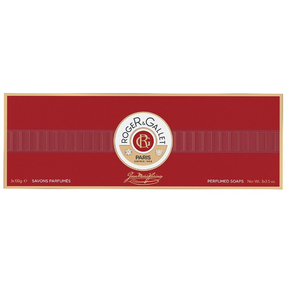 Rote Schachtel mit drei Seifen. Logo Roger & Gallet, Paris. Aufschrift: Savons Parfumés, Net Wt. 3x3.5 oz.