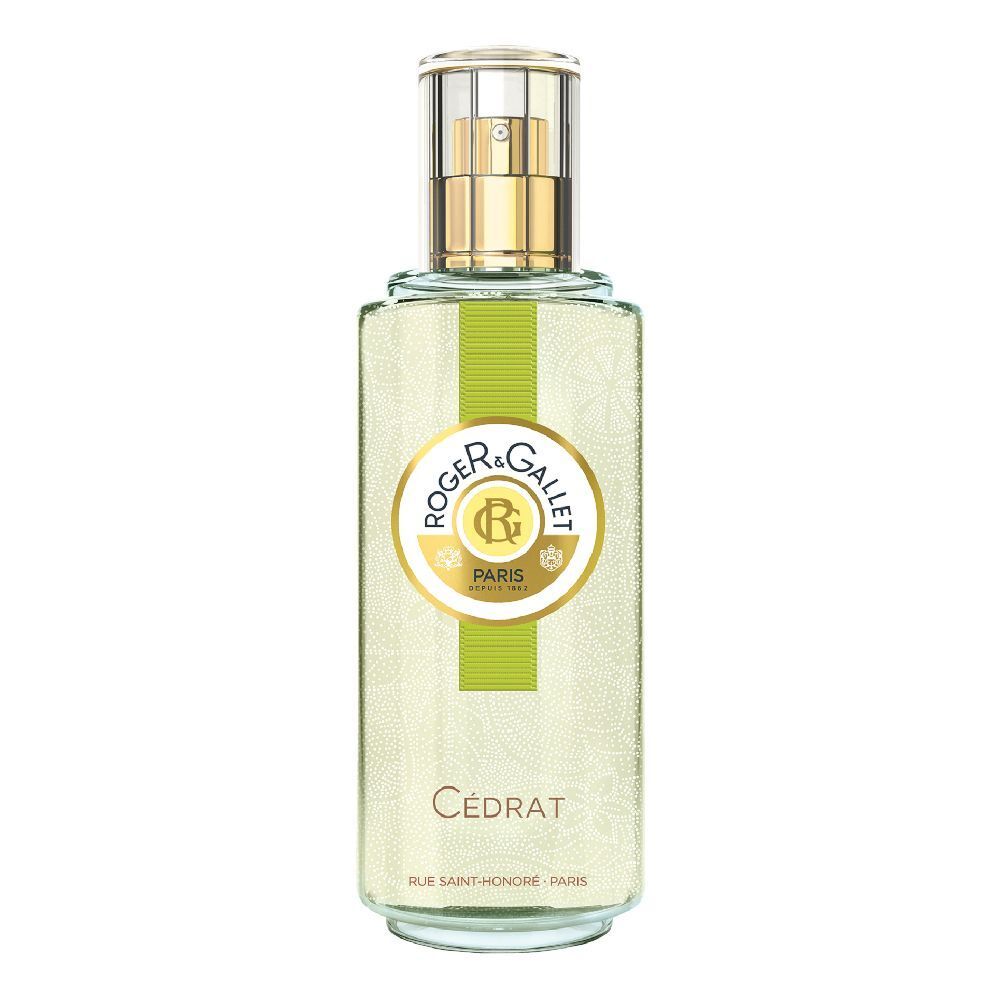 Flacon avec vaporisateur doré. Bande verte et logo. Texte: Cédrat, Roger & Gallet.