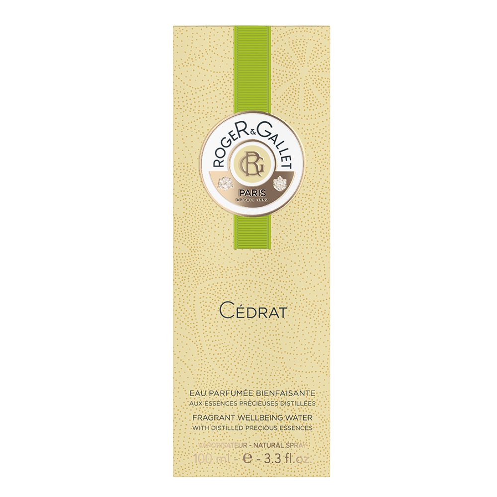 Emballage rectangulaire. Bande verte et logo. Texte: Cédrat, Roger & Gallet.