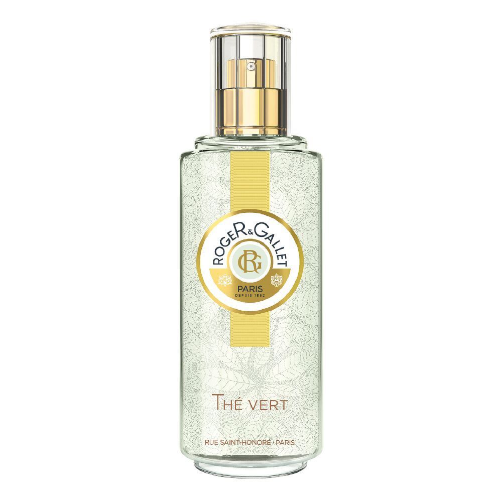 Flacon transparent avec vaporisateur doré. Logo et texte sur l'étiquette. Parfum Thé Vert.