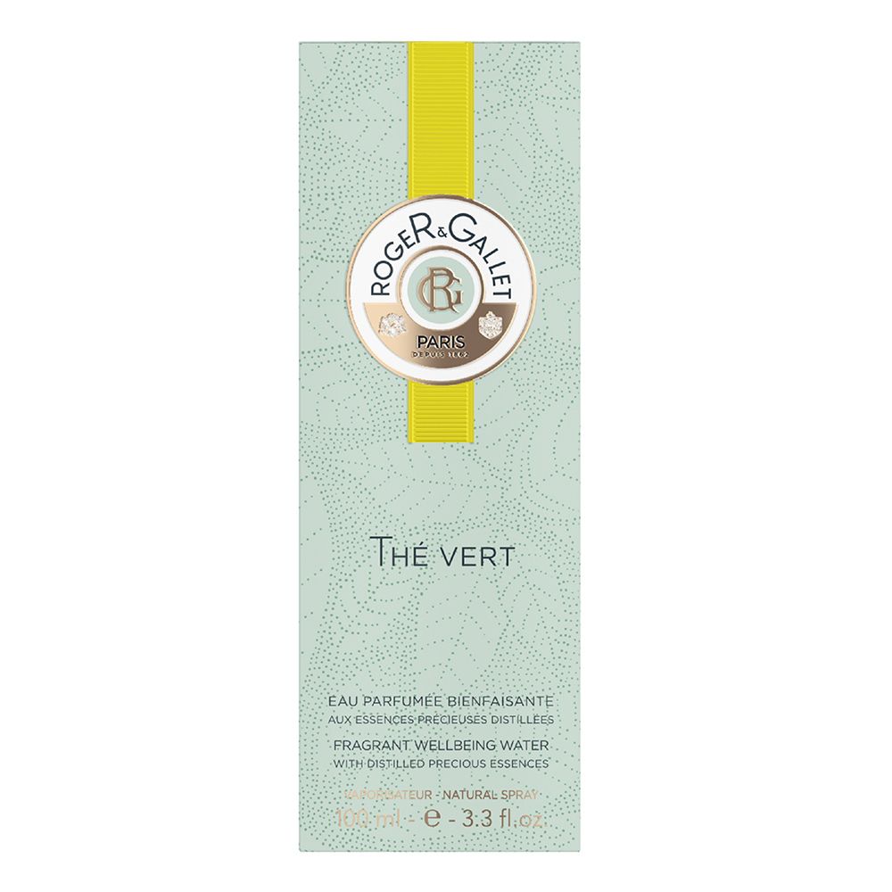 Boîte cylindrique, vert clair avec bande jaune. Logo et texte. Thé Vert Eau Parfumée.