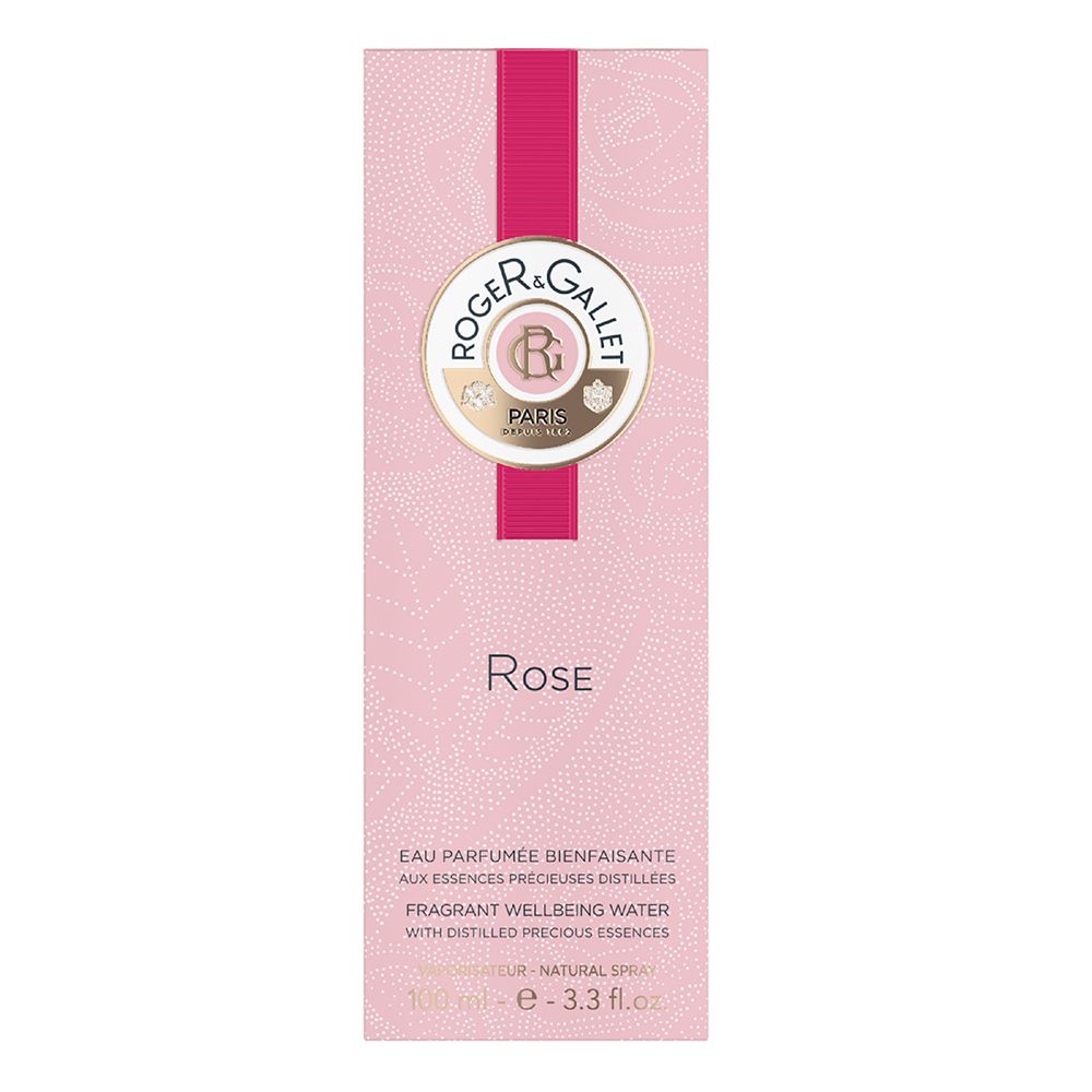 Emballage rose avec logo Roger & Gallet, inscription Rose. Texte: Eau Parfumée Bienfaisante, Fragrant Wellbeing Water.