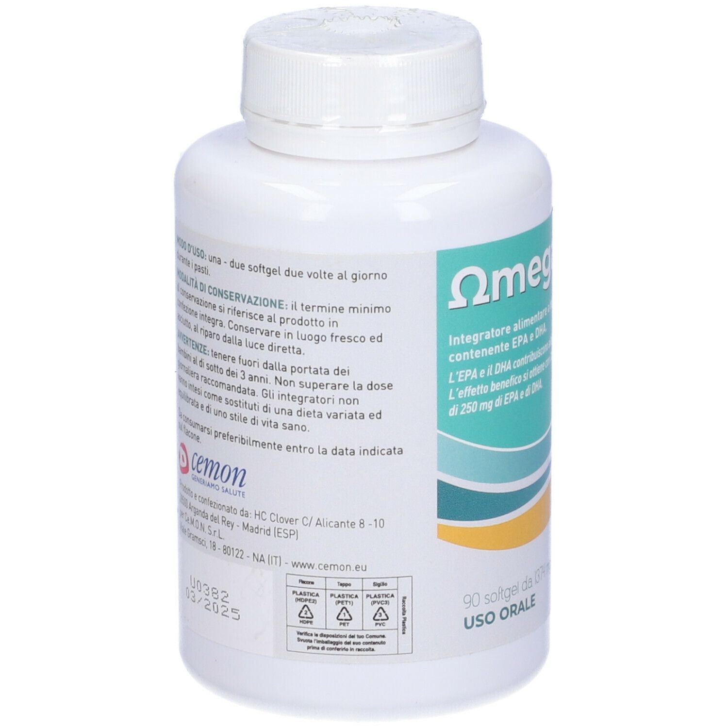 Rückseite der weißen Flasche. Textinformationen und Marke Cemon.