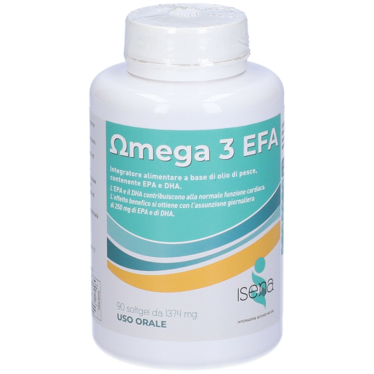 Weiße Flasche mit Omega 3 EFA-Etikett. Enthält 90 Kapseln. Marke: Isena.