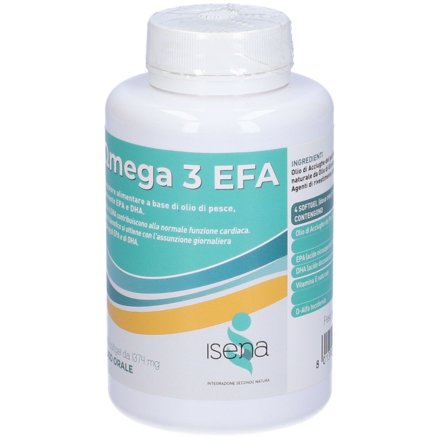 Weiße Flasche mit Omega 3 EFA-Etikett. Enthält 4 Softgel-Kapseln. Marke: Isena.