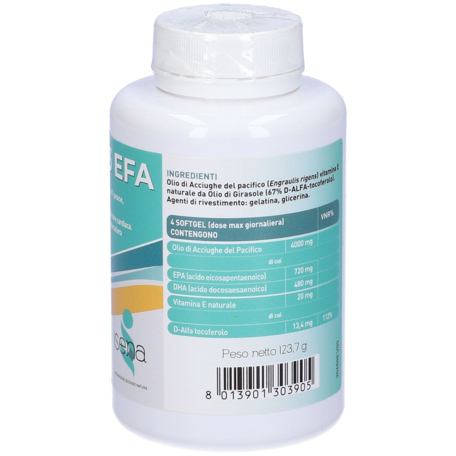 Rückseite der weißen Flasche. Inhaltsstoffe und Nährwertangaben. Marke: Isena.