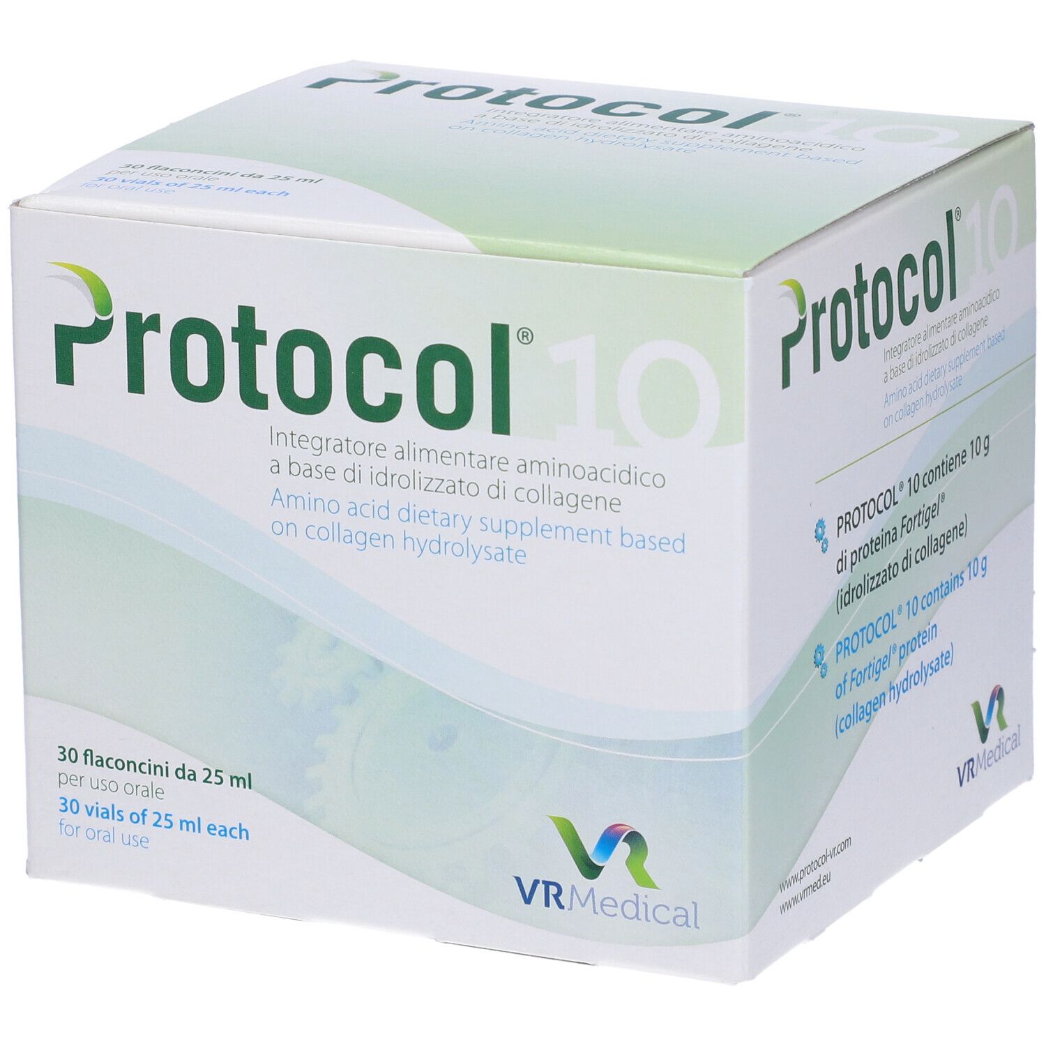 Boîte Protocol 10. Complément alimentaire à base de collagène. 30 flacons de 25 ml. Inscription en italien.