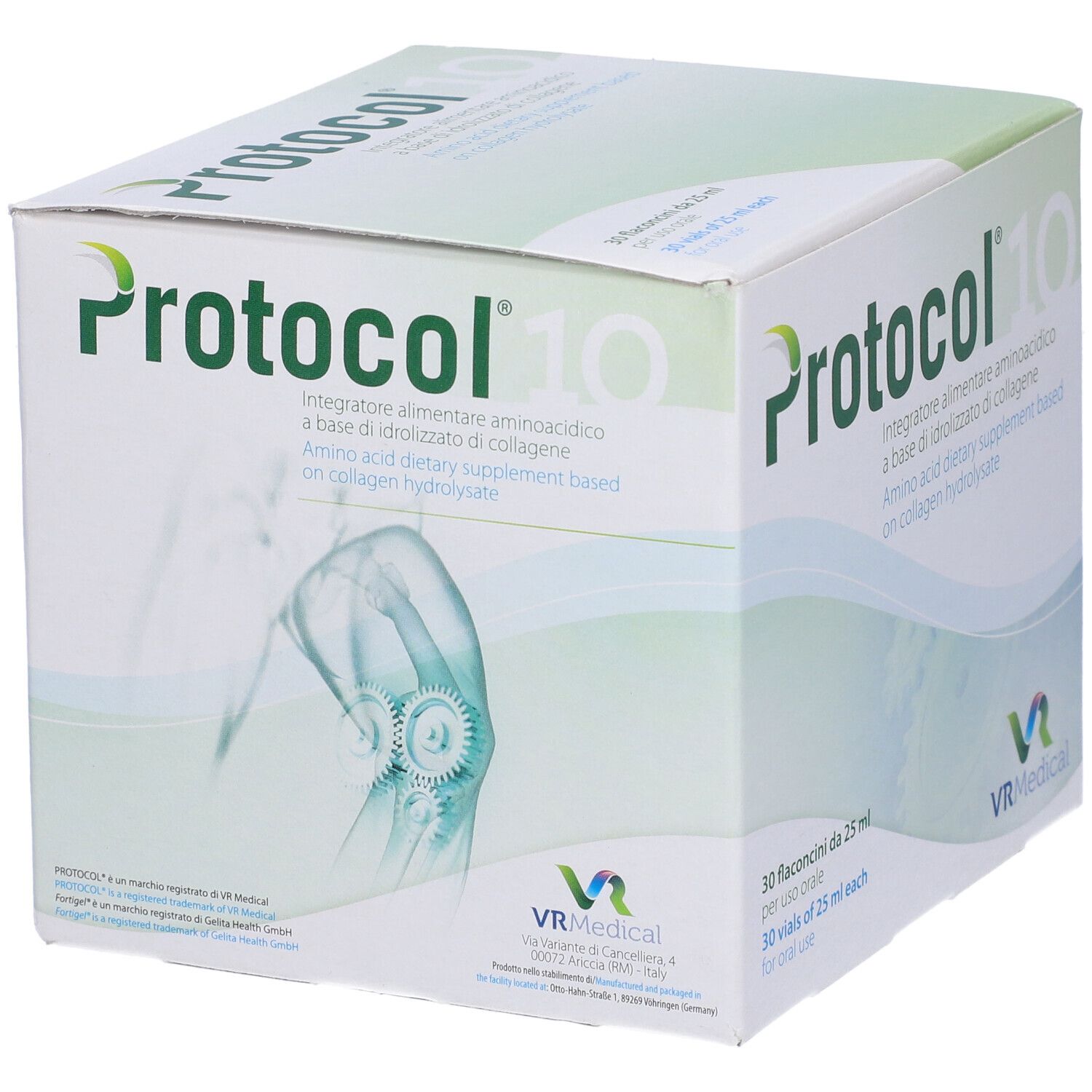 Boîte Protocol 10. Complément alimentaire à base de collagène. 30 flacons. Schéma d'un genou. Texte en italien.