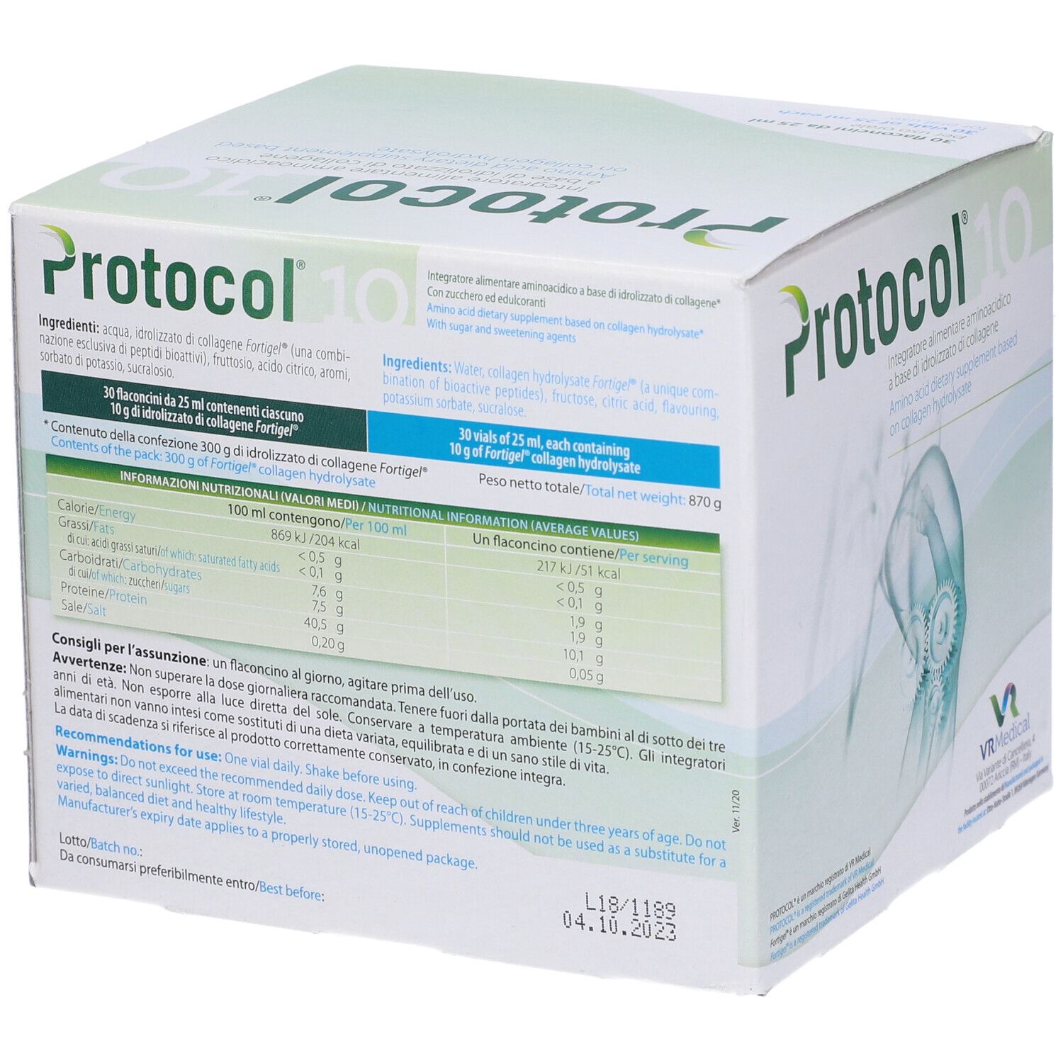 Boîte Protocol 10. Ingrédients et informations nutritionnelles. 30 flacons. Texte en italien.