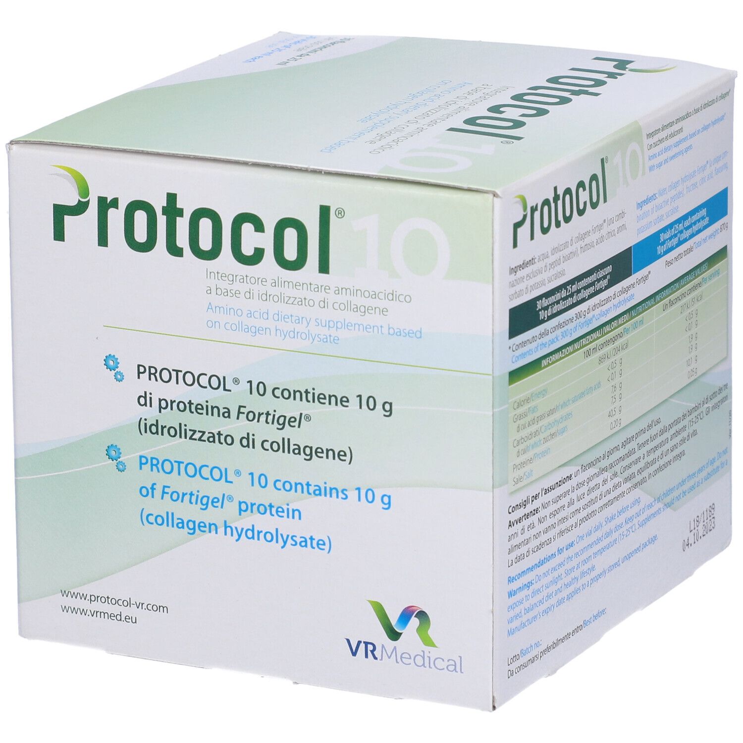 Boîte Protocol 10. Contient 10 g de protéines Fortigel. 30 flacons. Texte en italien.